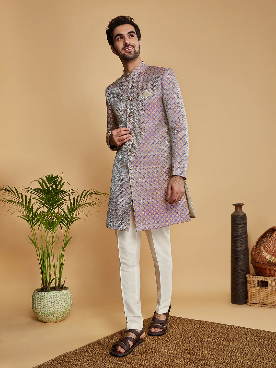 Men Lilac Textured Indowestern Trouser Set - Image 7