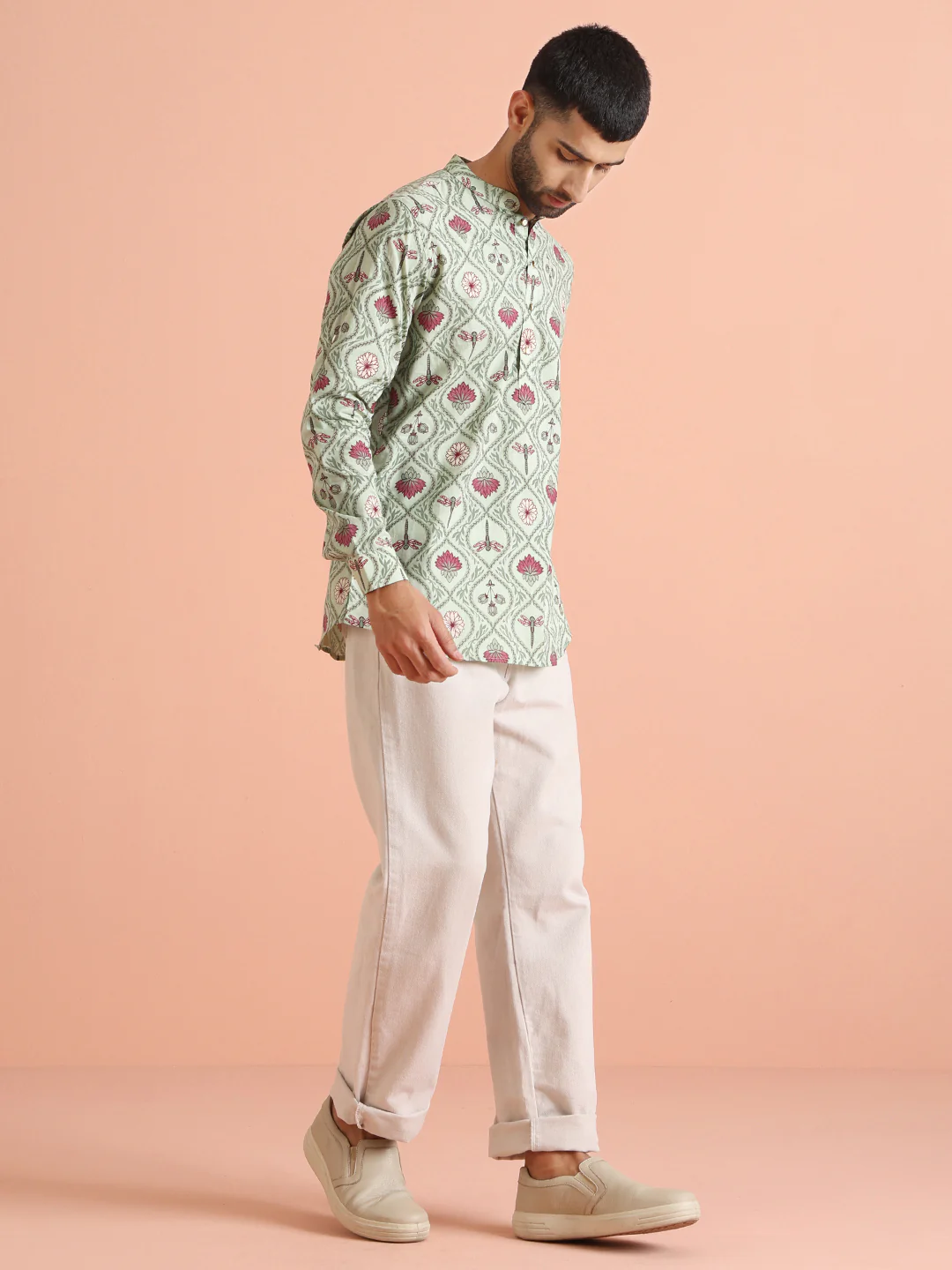 Green Cotton Printed Short Kurta - Image 2