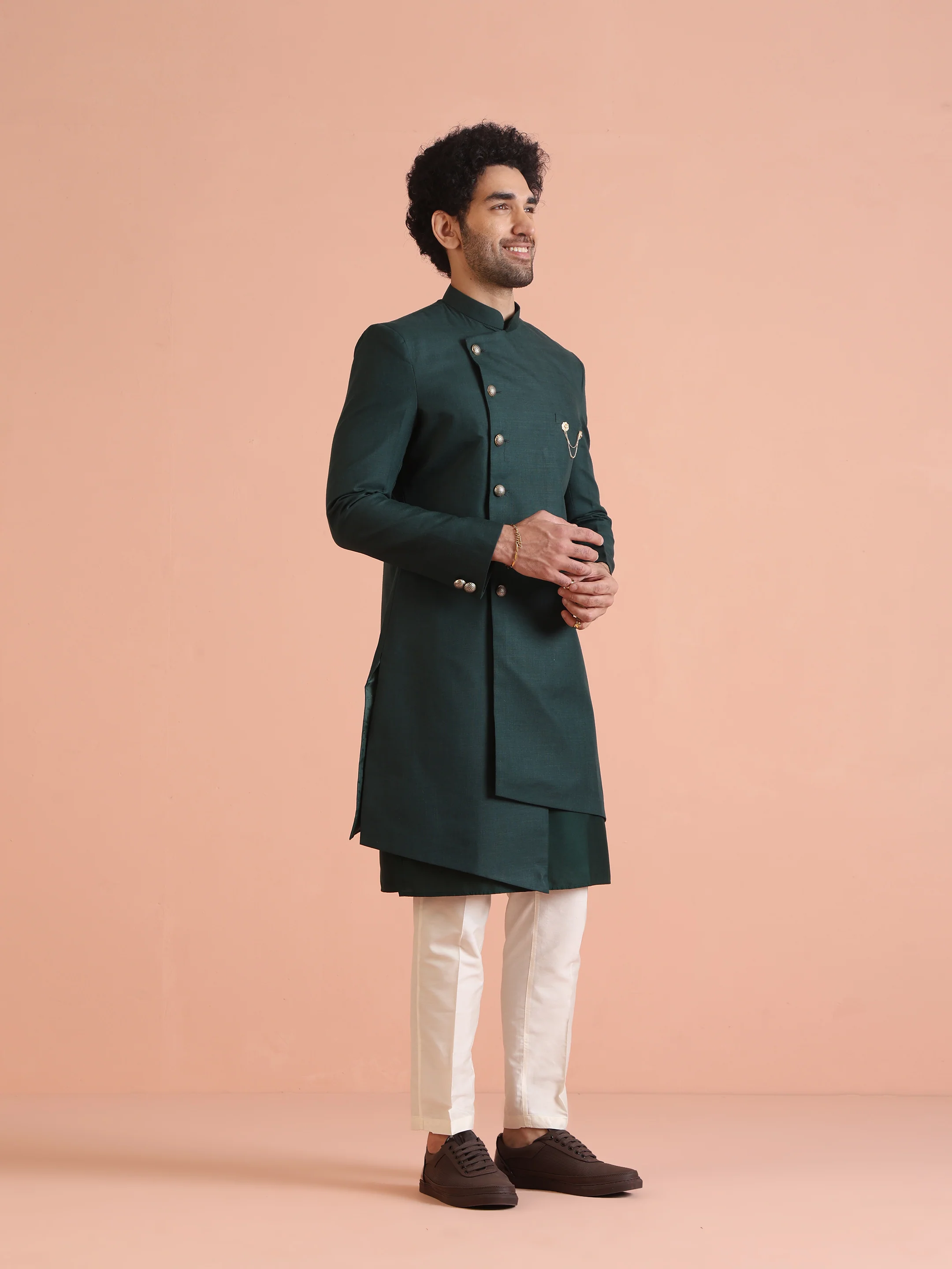 Dark Green Silk Blend Solid Sherwani Achkan Set - Image 2