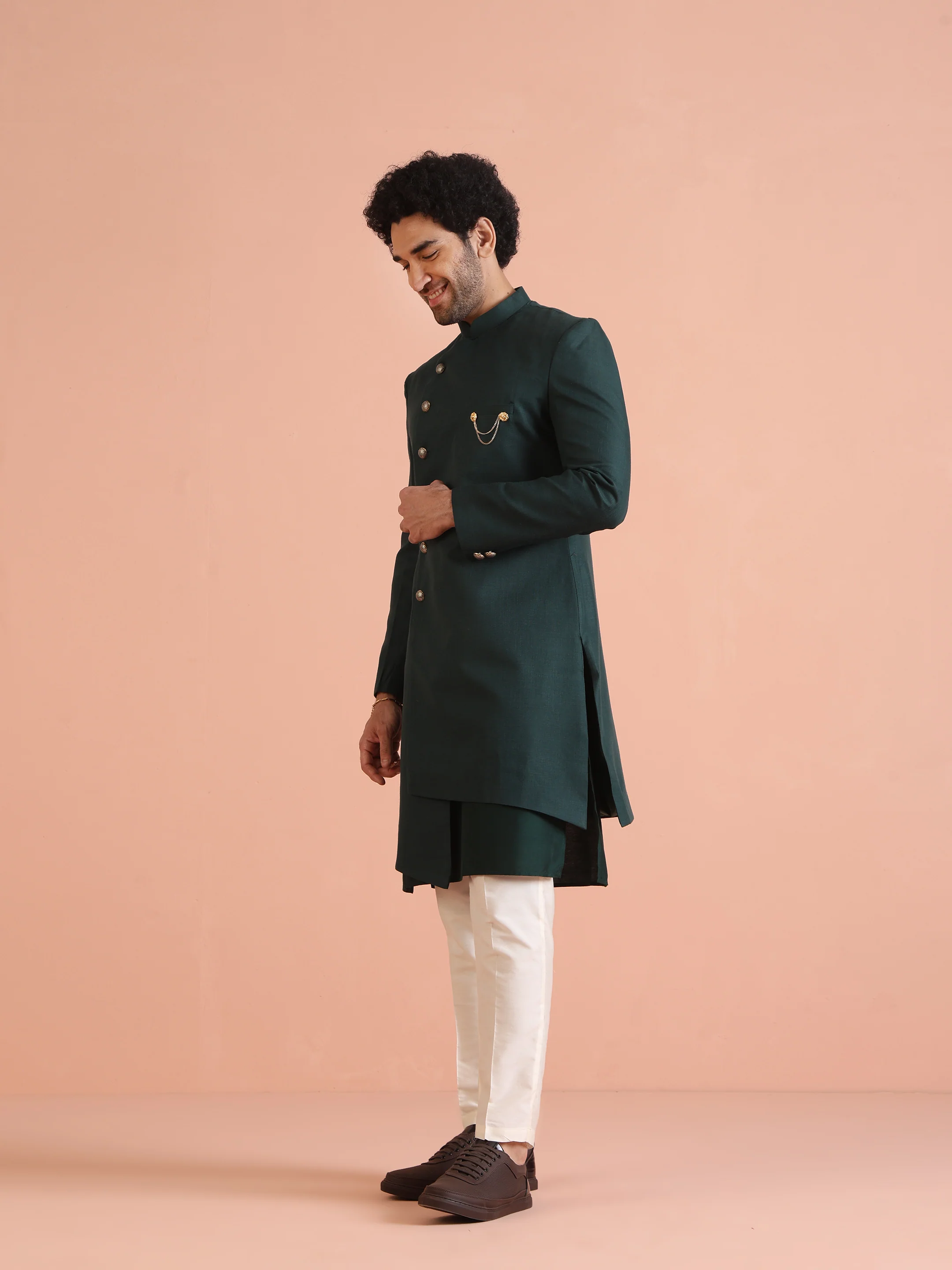 Dark Green Silk Blend Solid Sherwani Achkan Set - Image 3