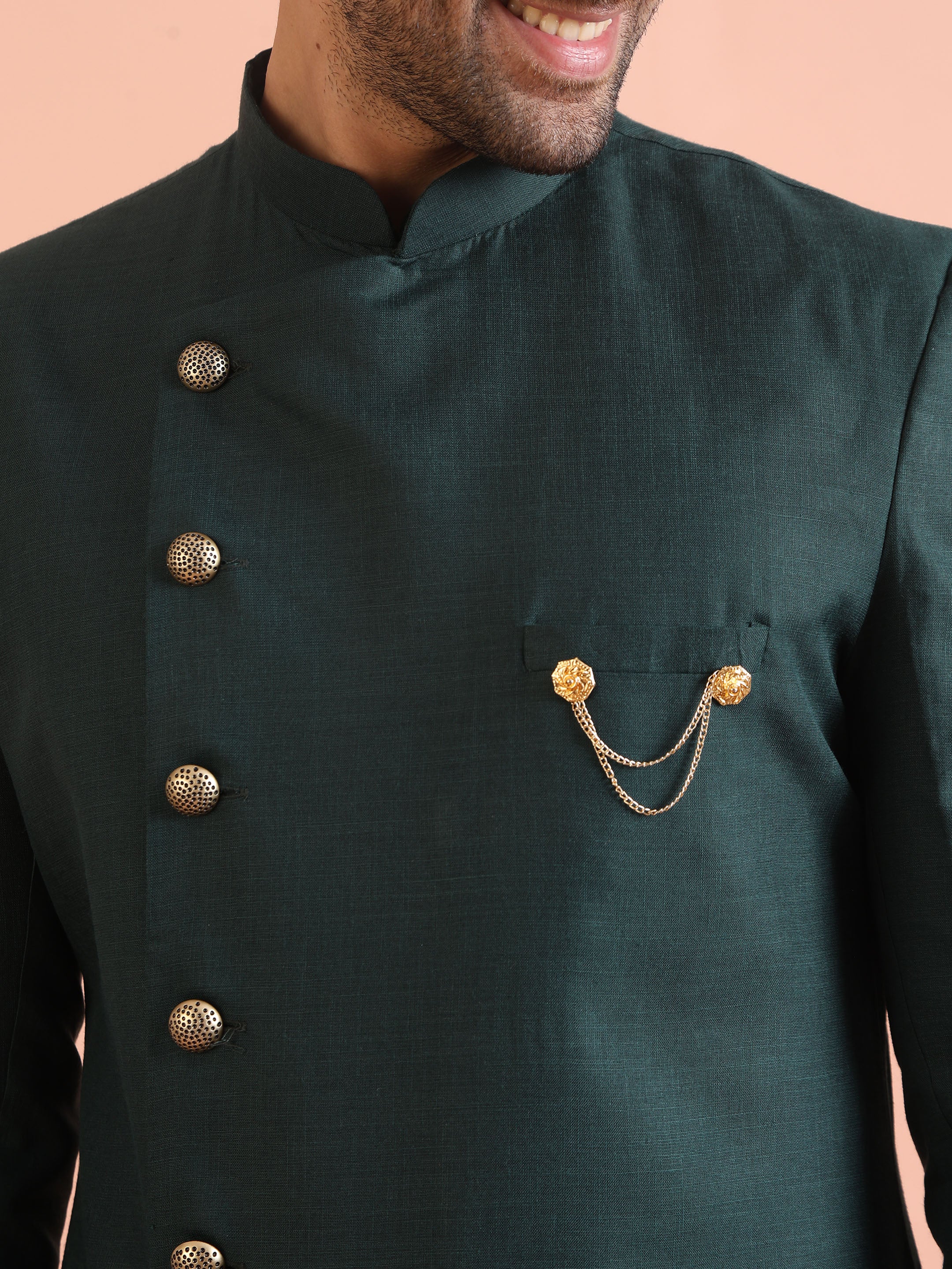 Dark Green Silk Blend Solid Sherwani Achkan Set - Image 5