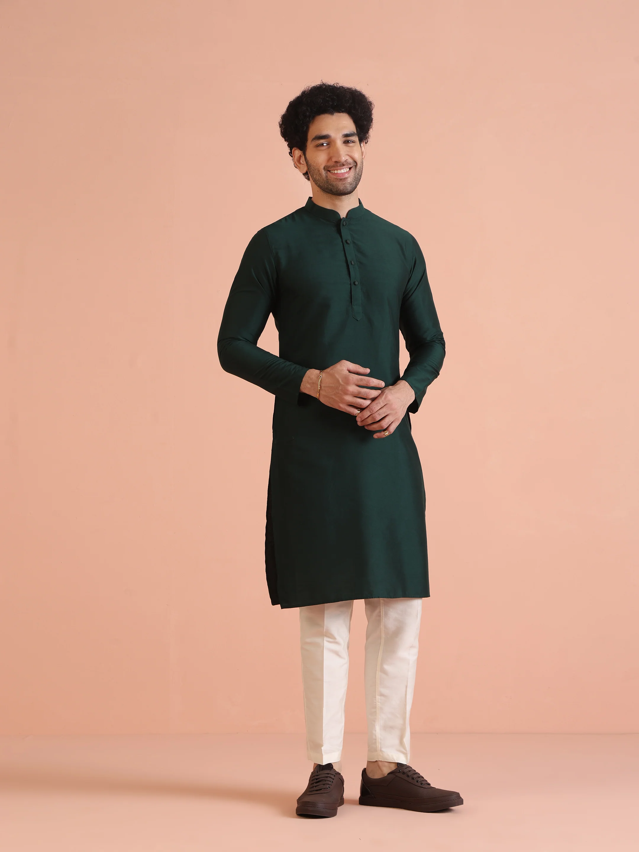 Dark Green Silk Blend Solid Sherwani Achkan Set - Image 6