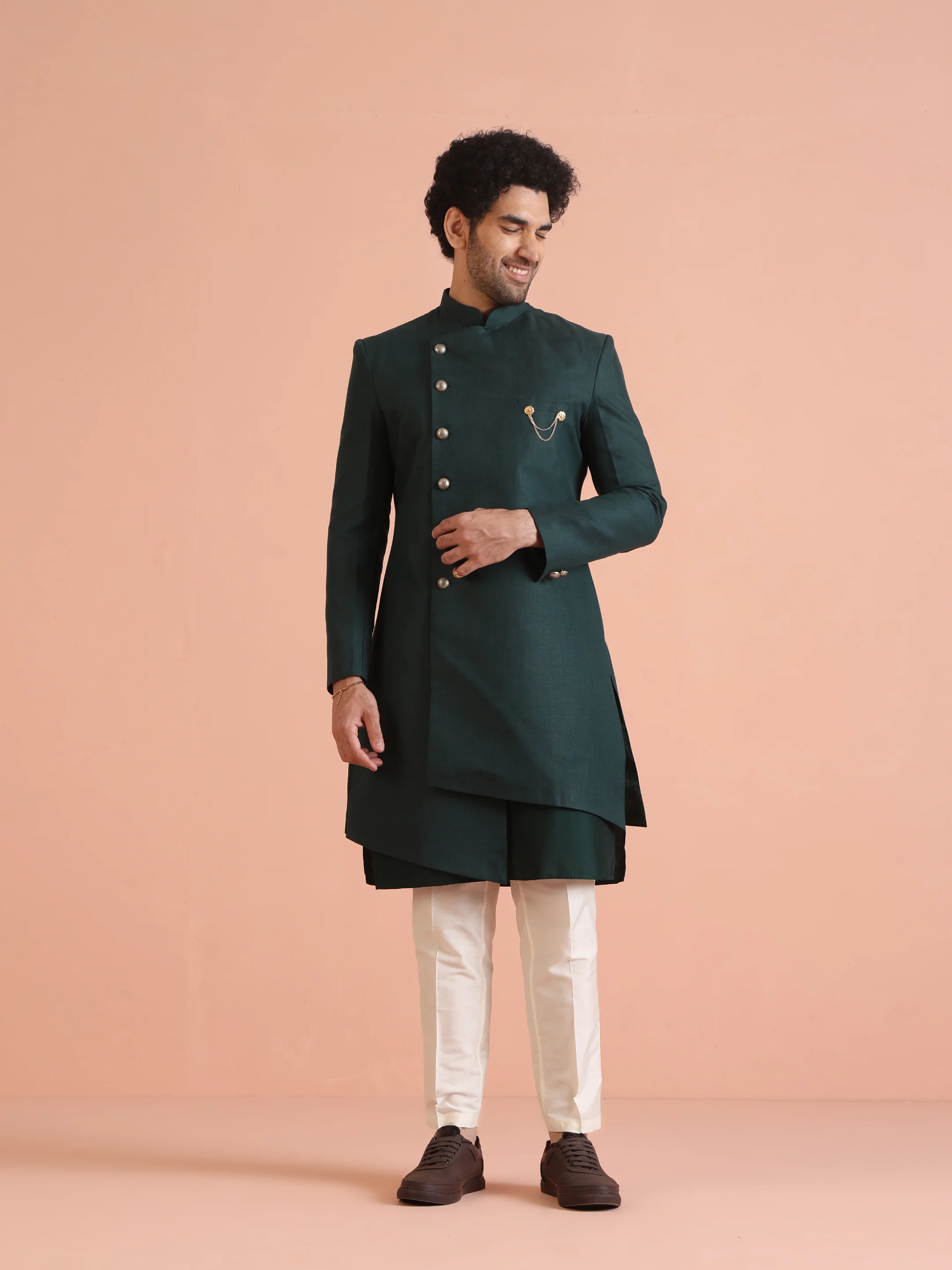 Dark Green Silk Blend Solid Sherwani Achkan Set - Image 8