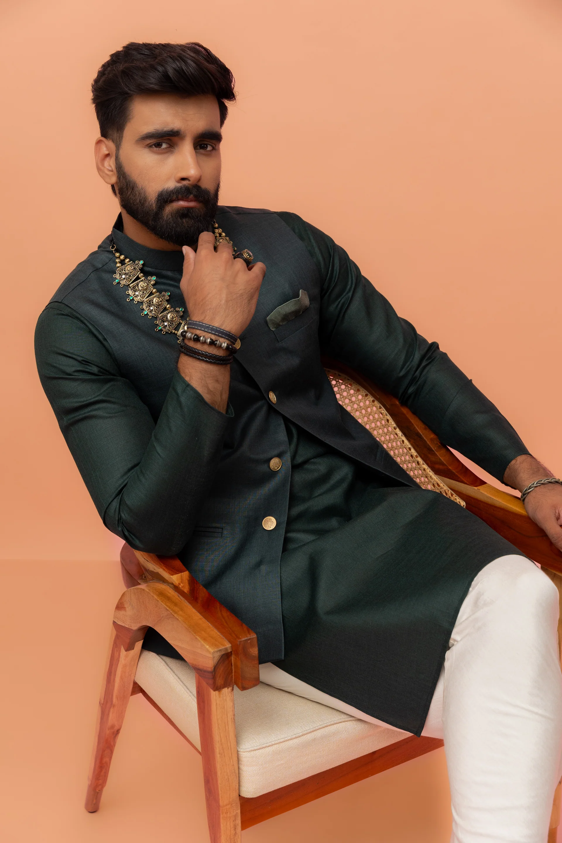 Dark Green Silk Nehru Jacket Kurta Churidar - Image 8