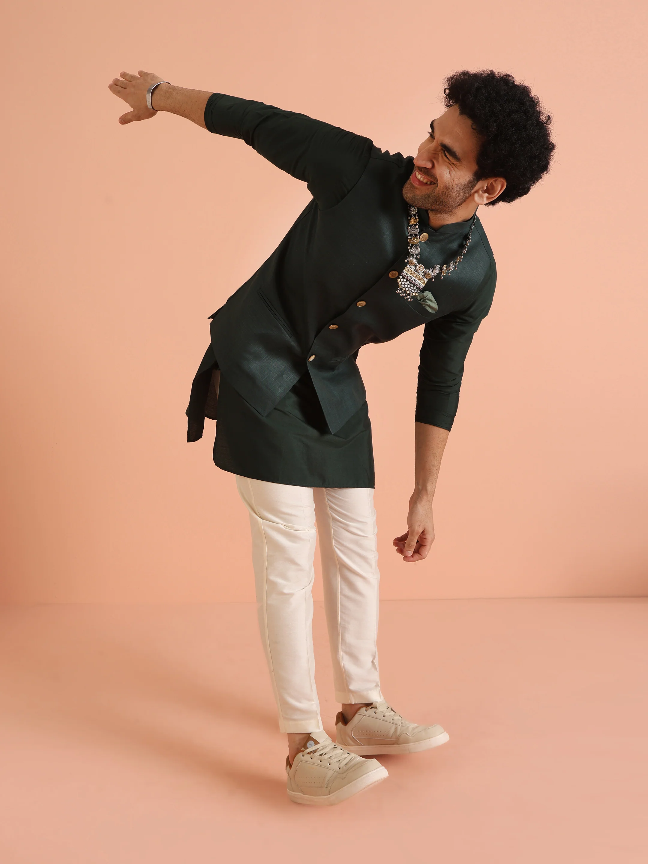 Green Solid Kurta Jacket Trouser Set