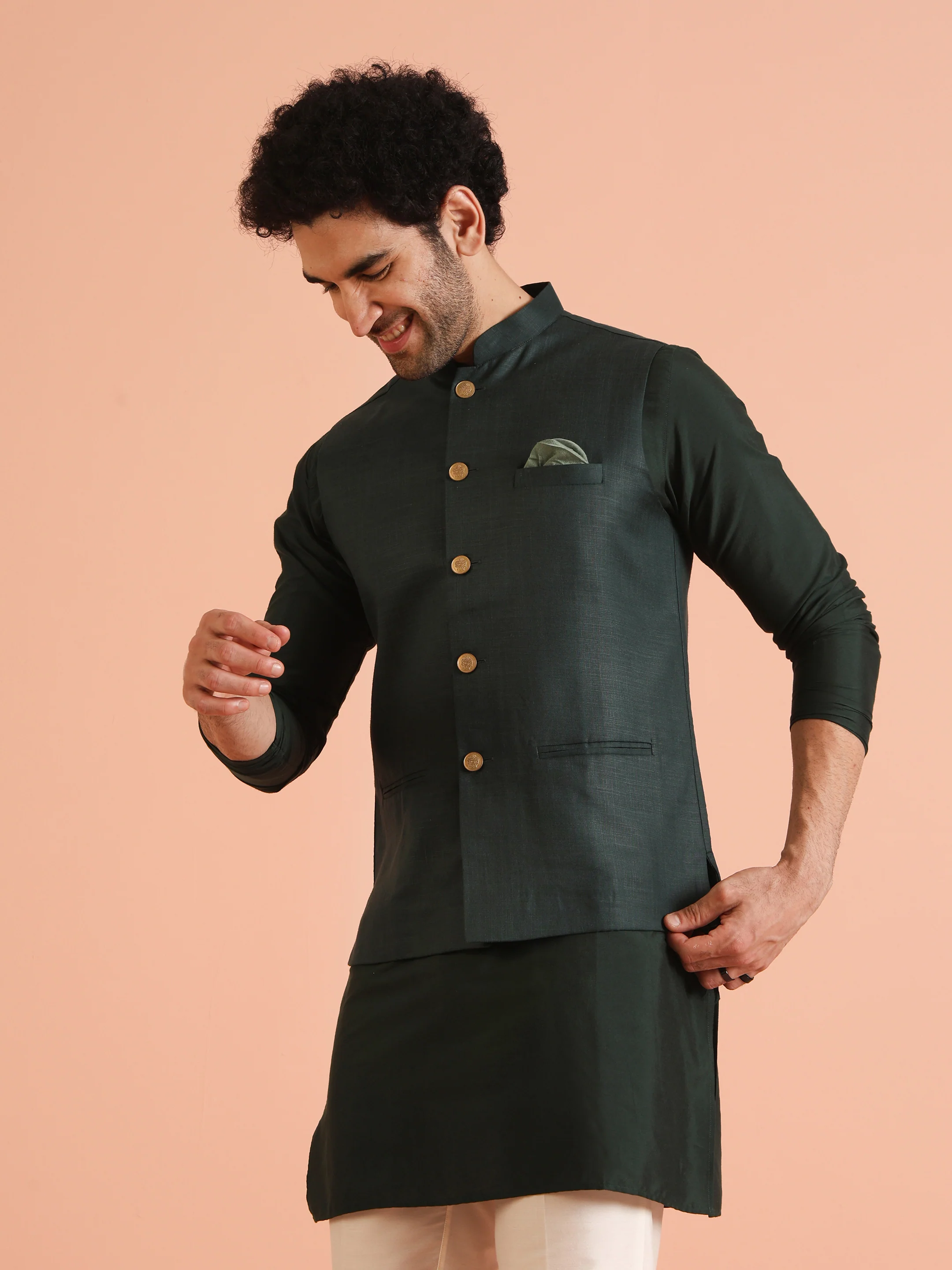 Green Solid Kurta Jacket Trouser Set - Image 9