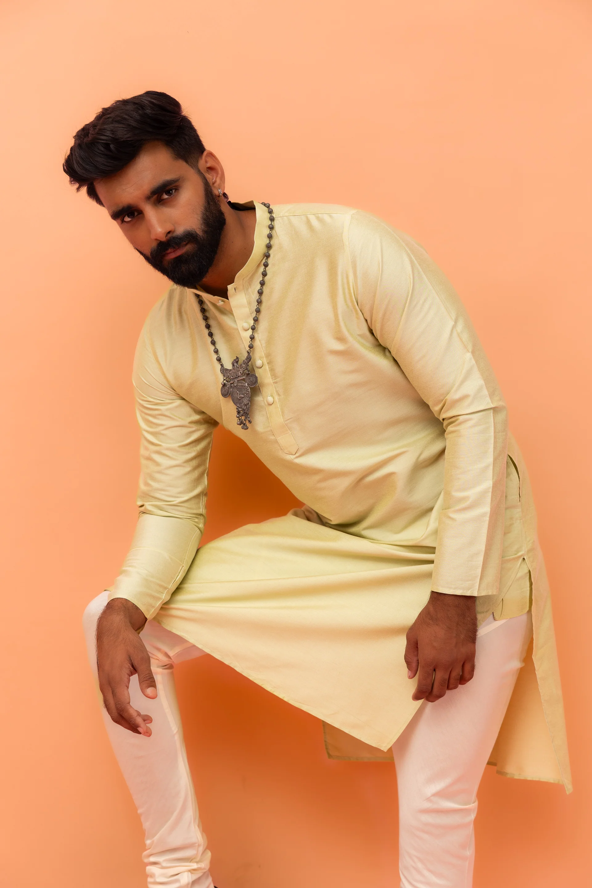 Light Yellow Silk Blend Kurta Churidar Set - Image 7