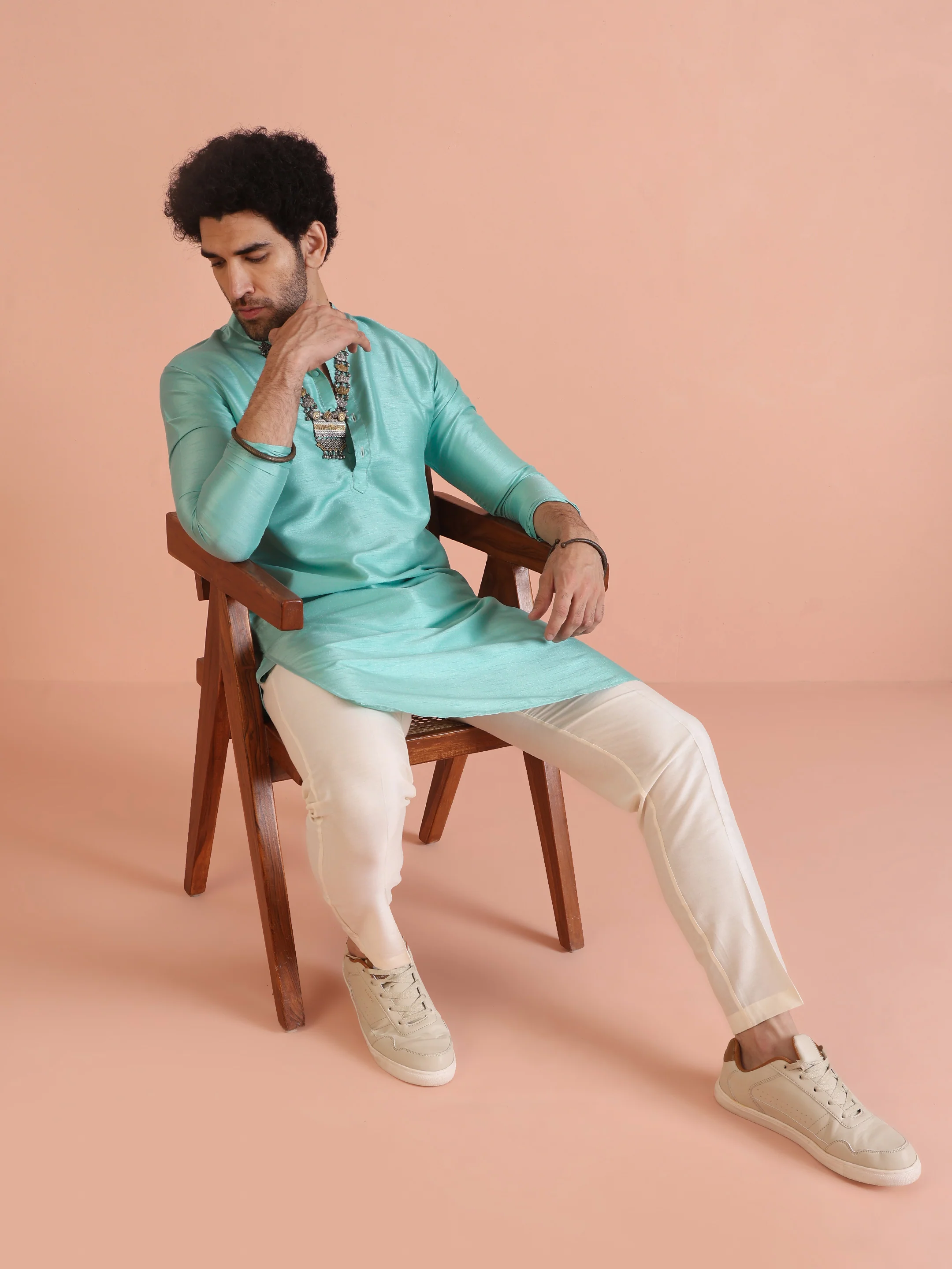 Men Green Solid Kurta Trouser Set