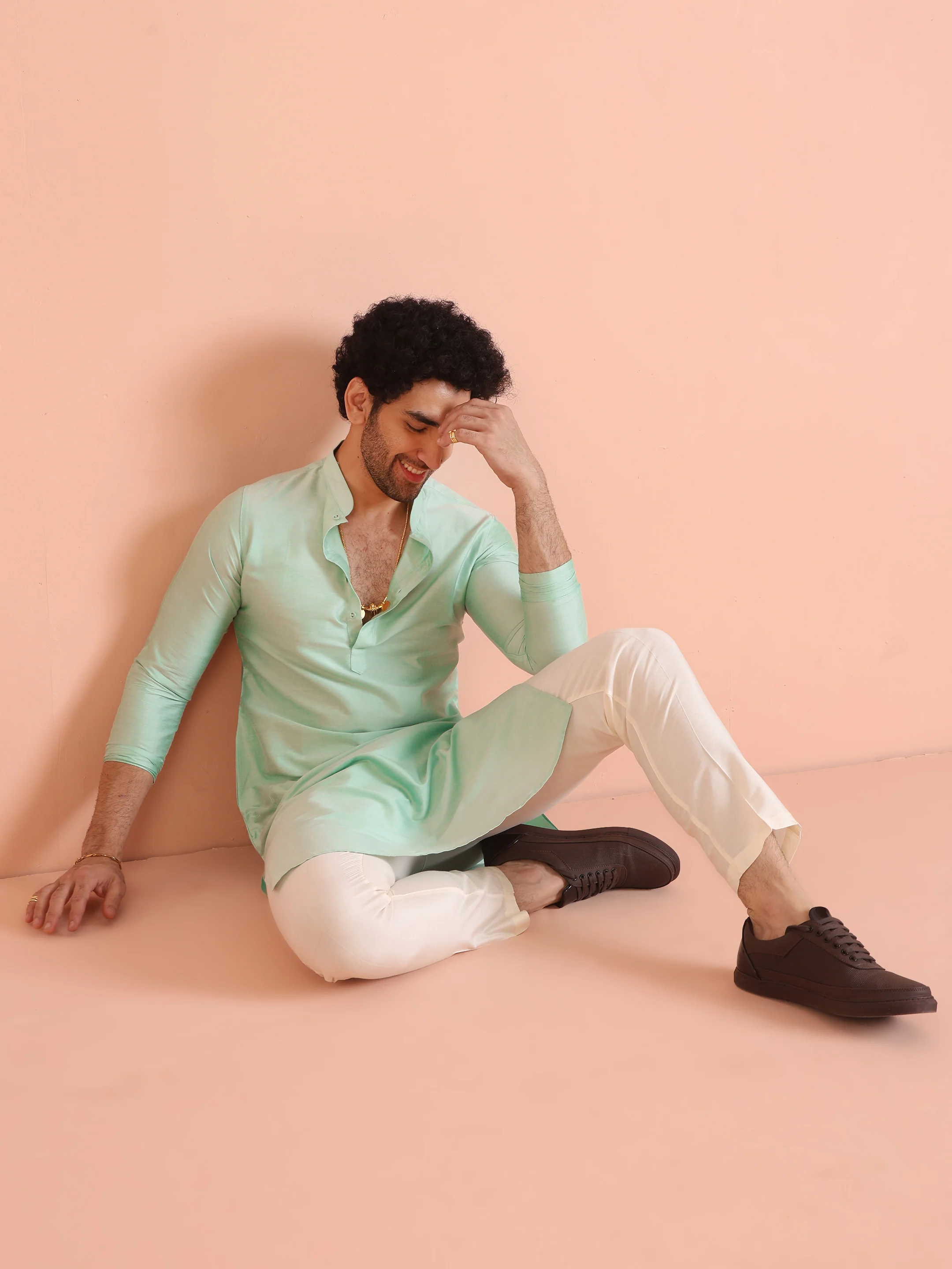 Men Green Solid Kurta Trouser Set