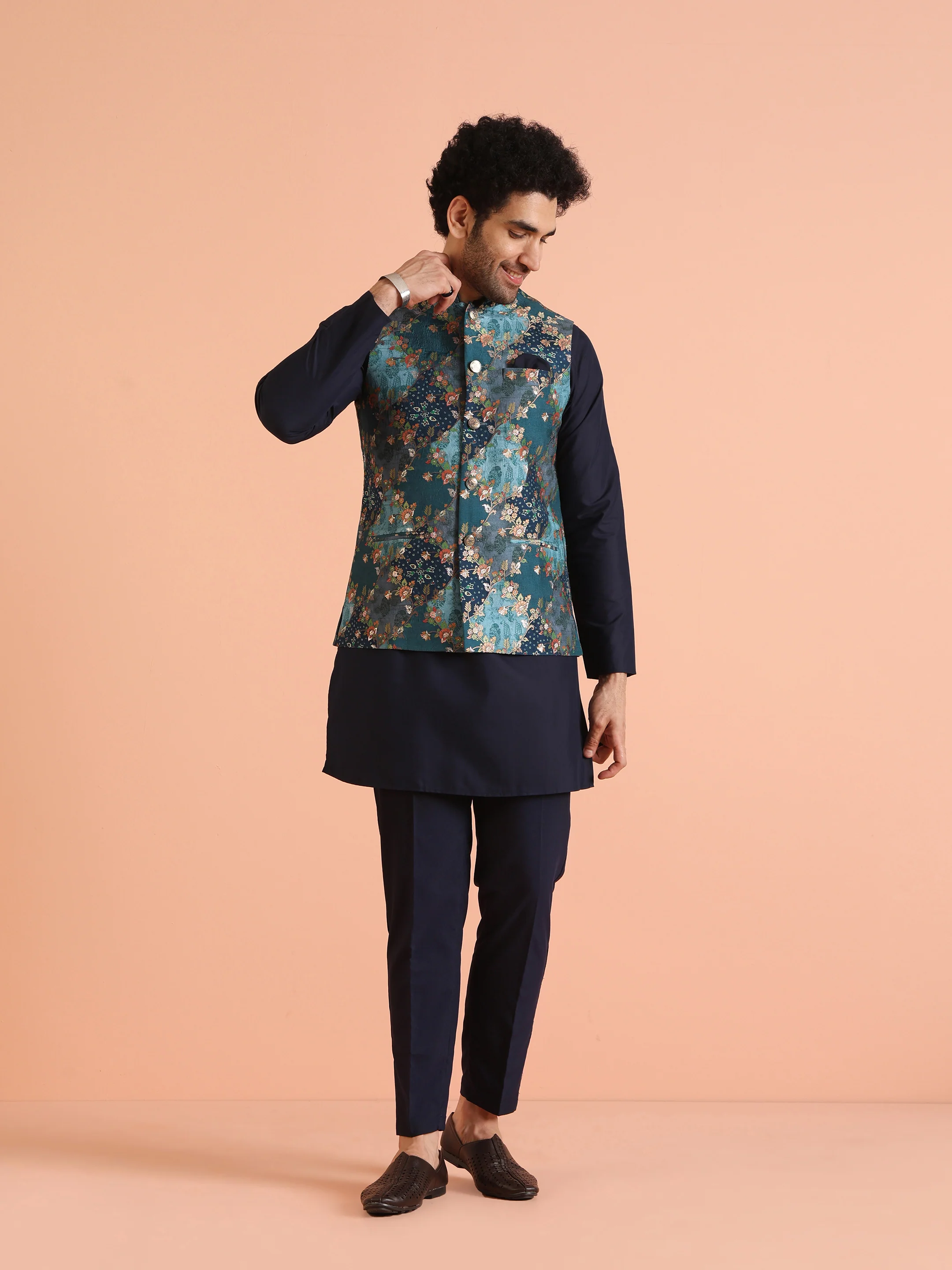 Blue Silk Woven Floral Nehru Jacket Kurta Set