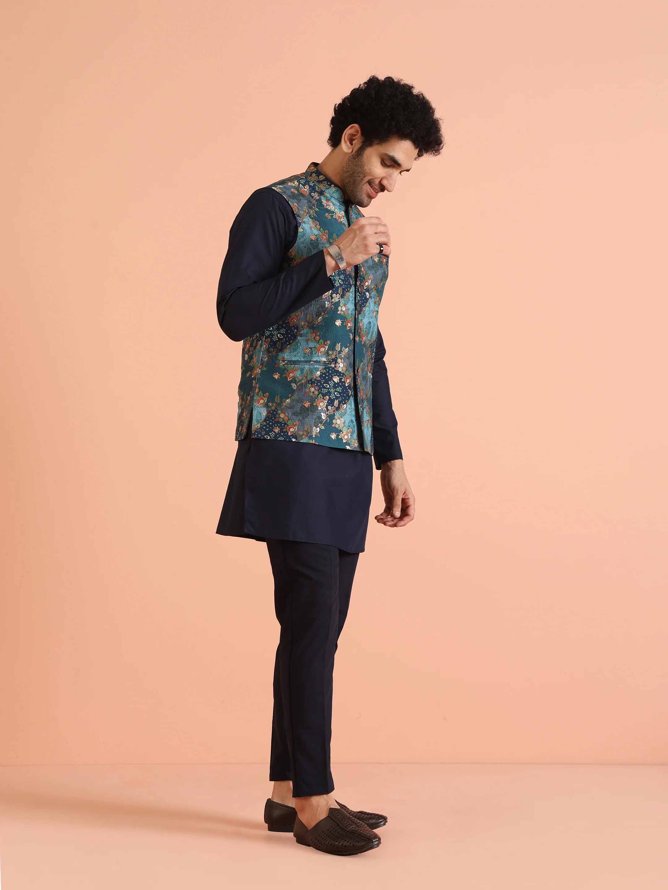 Blue Silk Woven Floral Nehru Jacket Kurta Set - Image 2