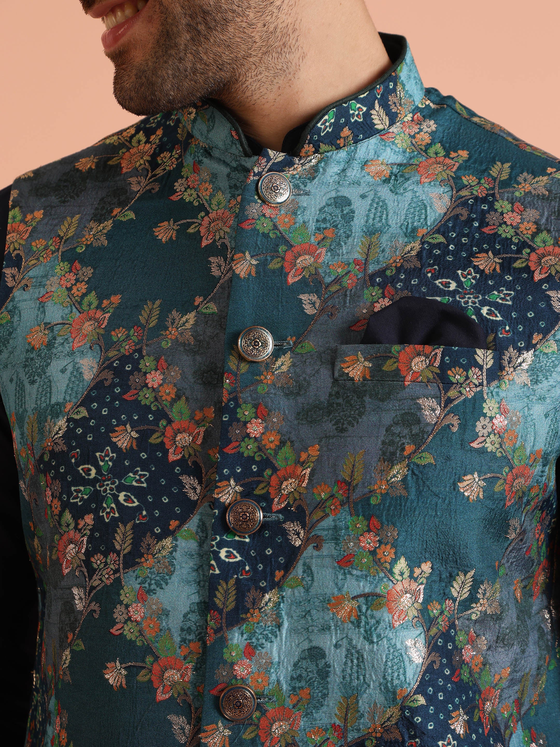 Blue Silk Woven Floral Nehru Jacket Kurta Set - Image 5