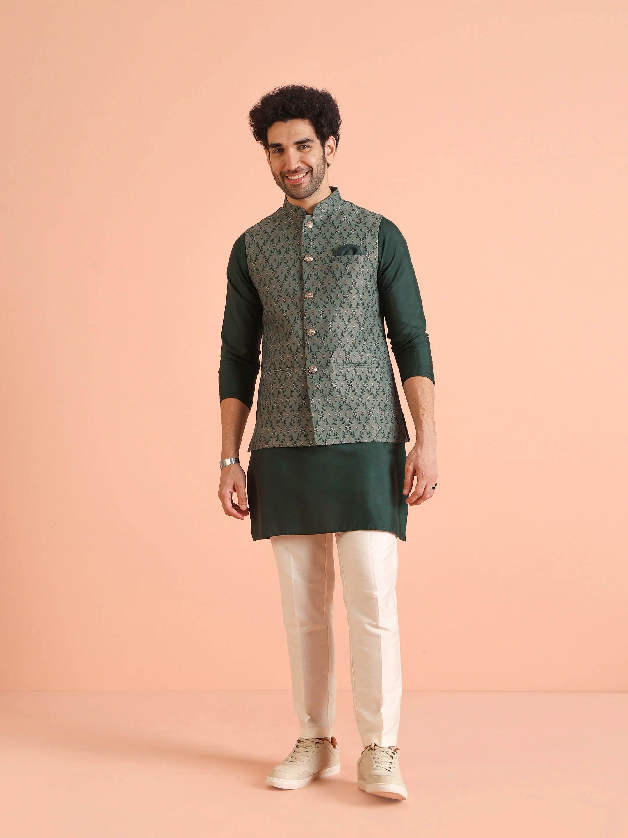 Green Silk Blend Embroidered Jacket Set with Cream Trouser
