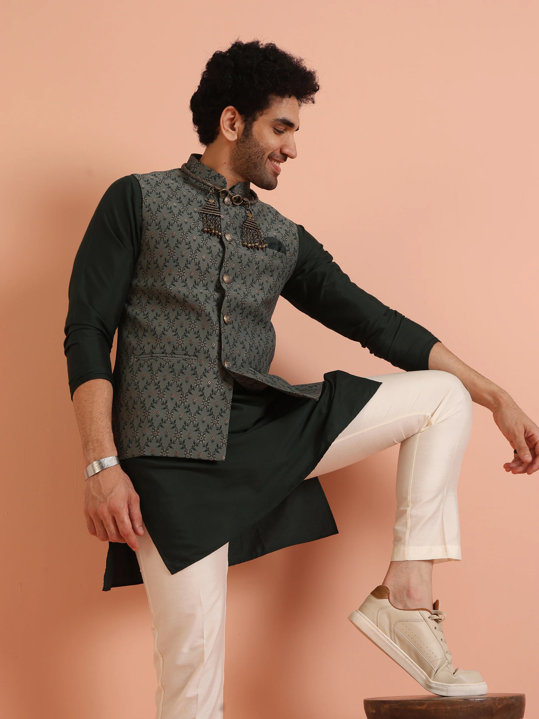 Green Silk Blend Embroidered Jacket Set with Cream Trouser - Image 9