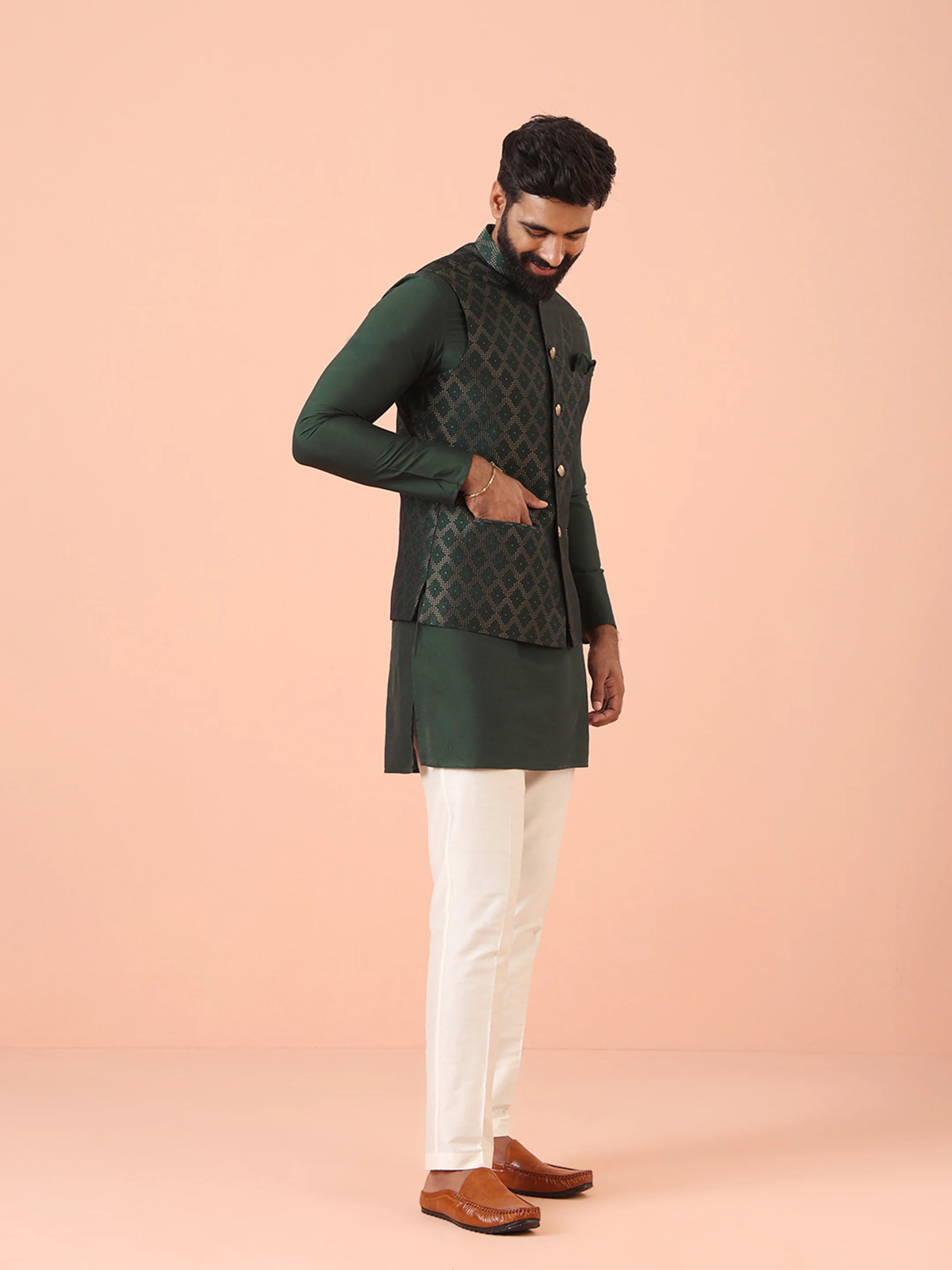 Green Woven Nehru Jacket Kurta Trouser Set - Image 3