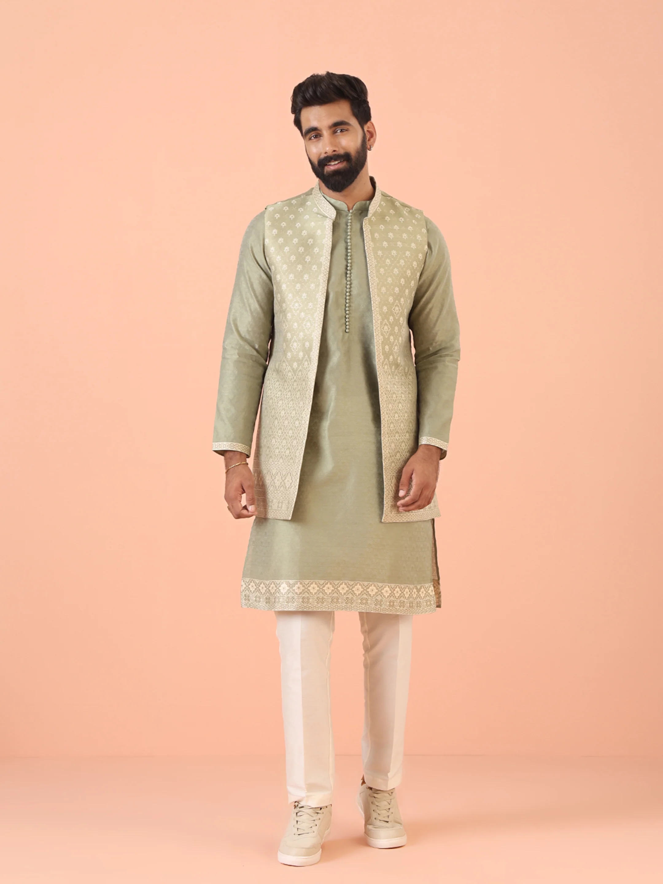 Sage Green Silk Blend Front Open Textured Jacket Set