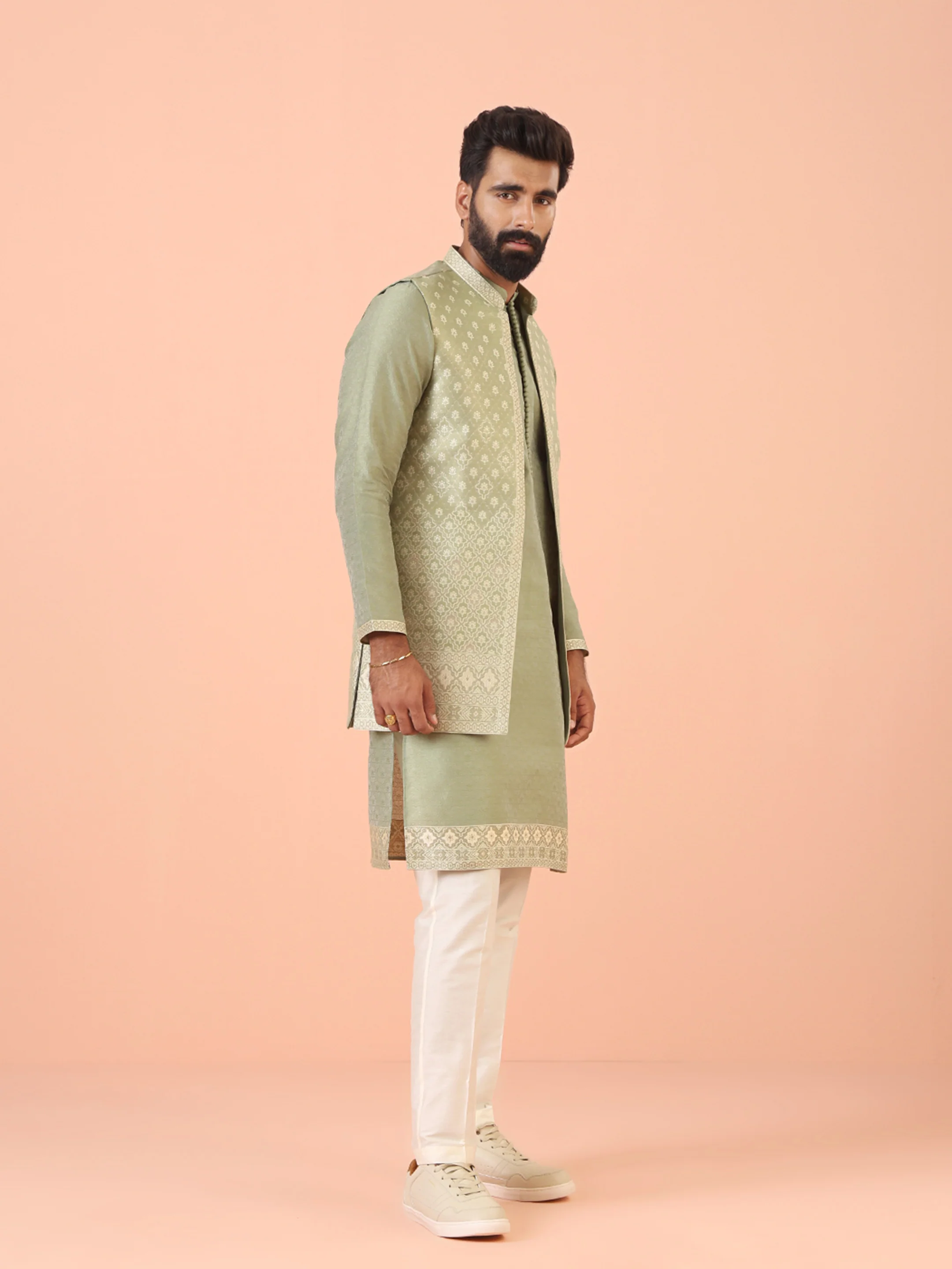 Sage Green Silk Blend Front Open Textured Jacket Set - Image 2