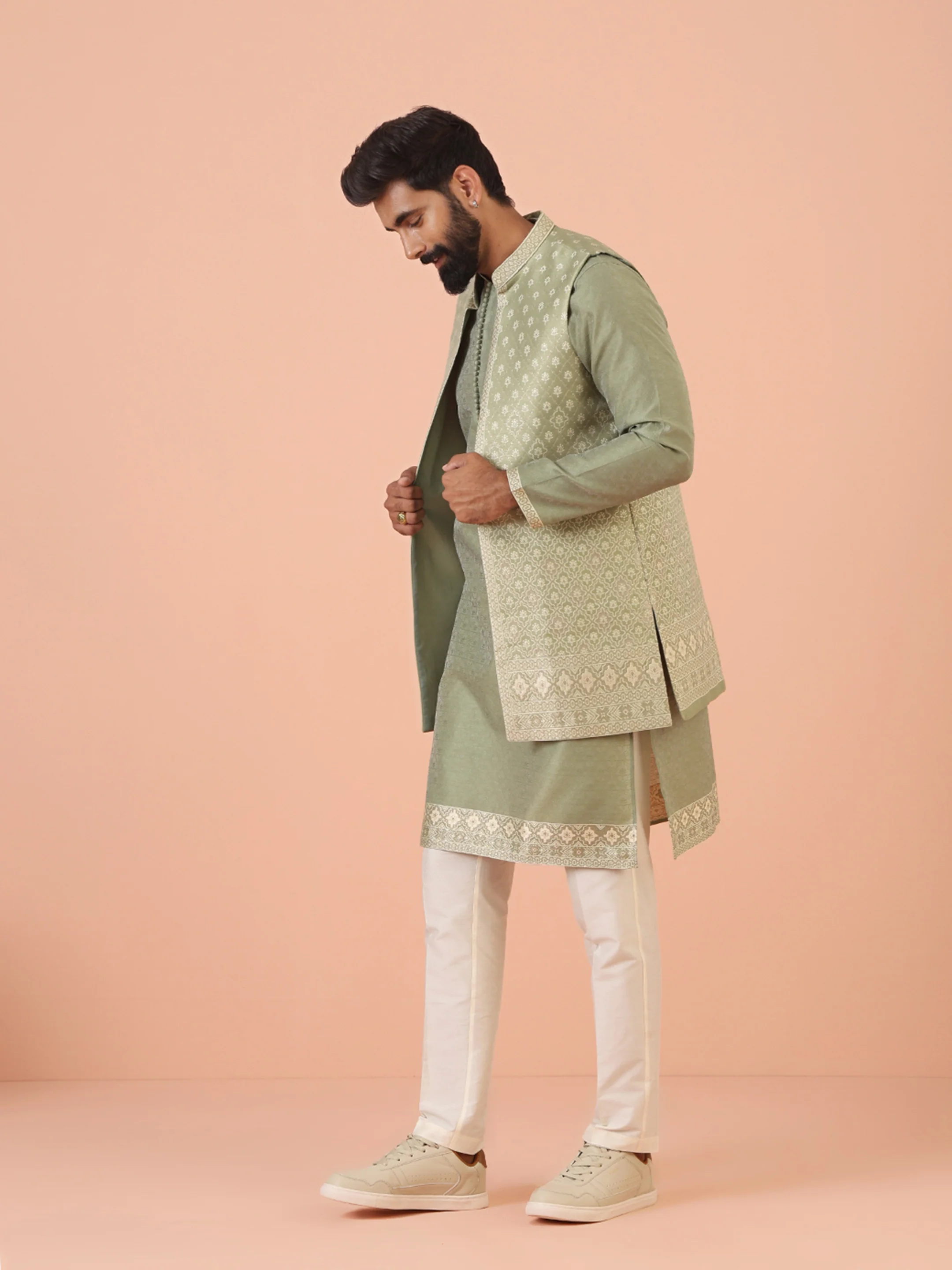 Sage Green Silk Blend Front Open Textured Jacket Set - Image 3