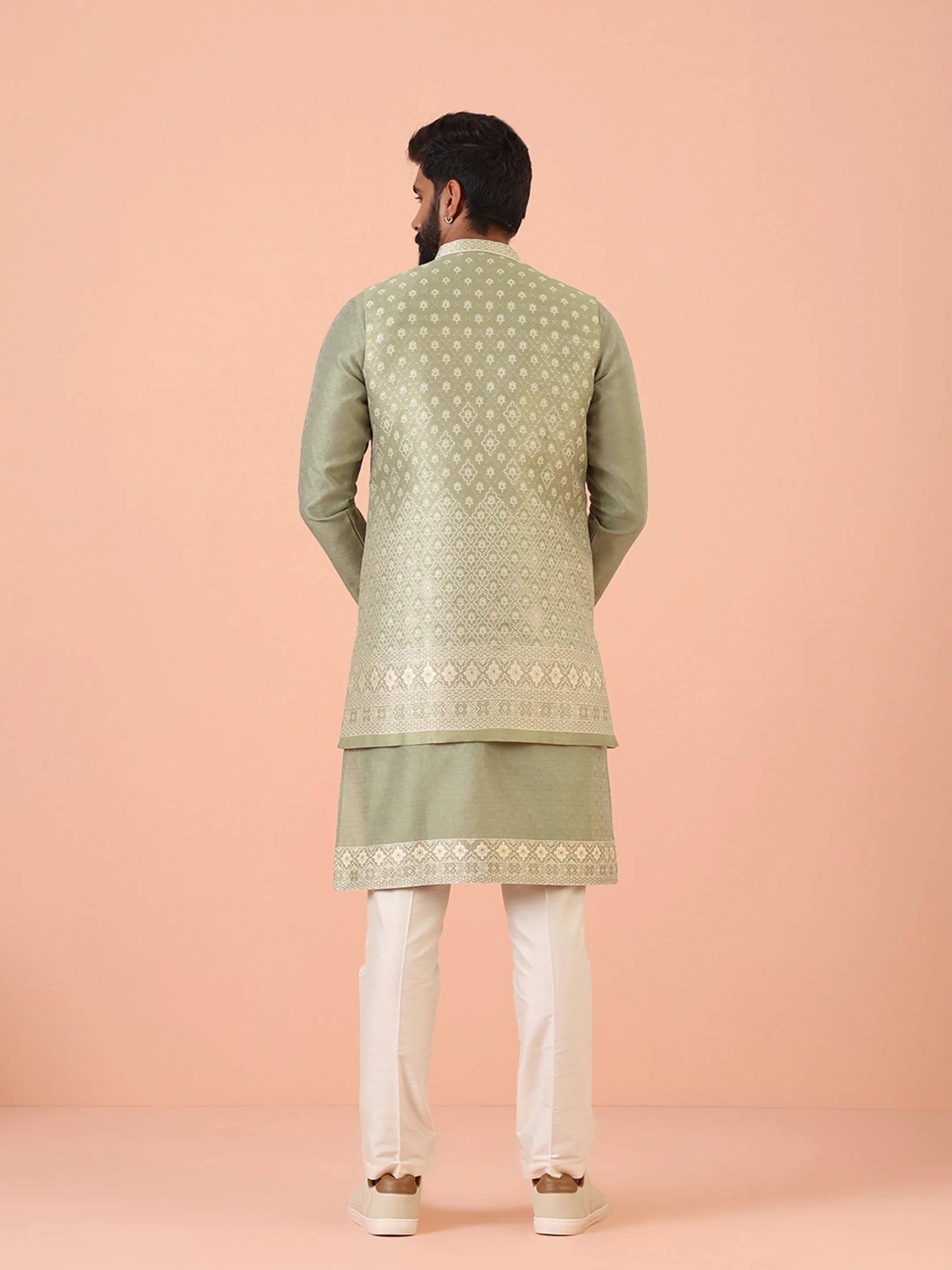 Sage Green Silk Blend Front Open Textured Jacket Set - Image 4