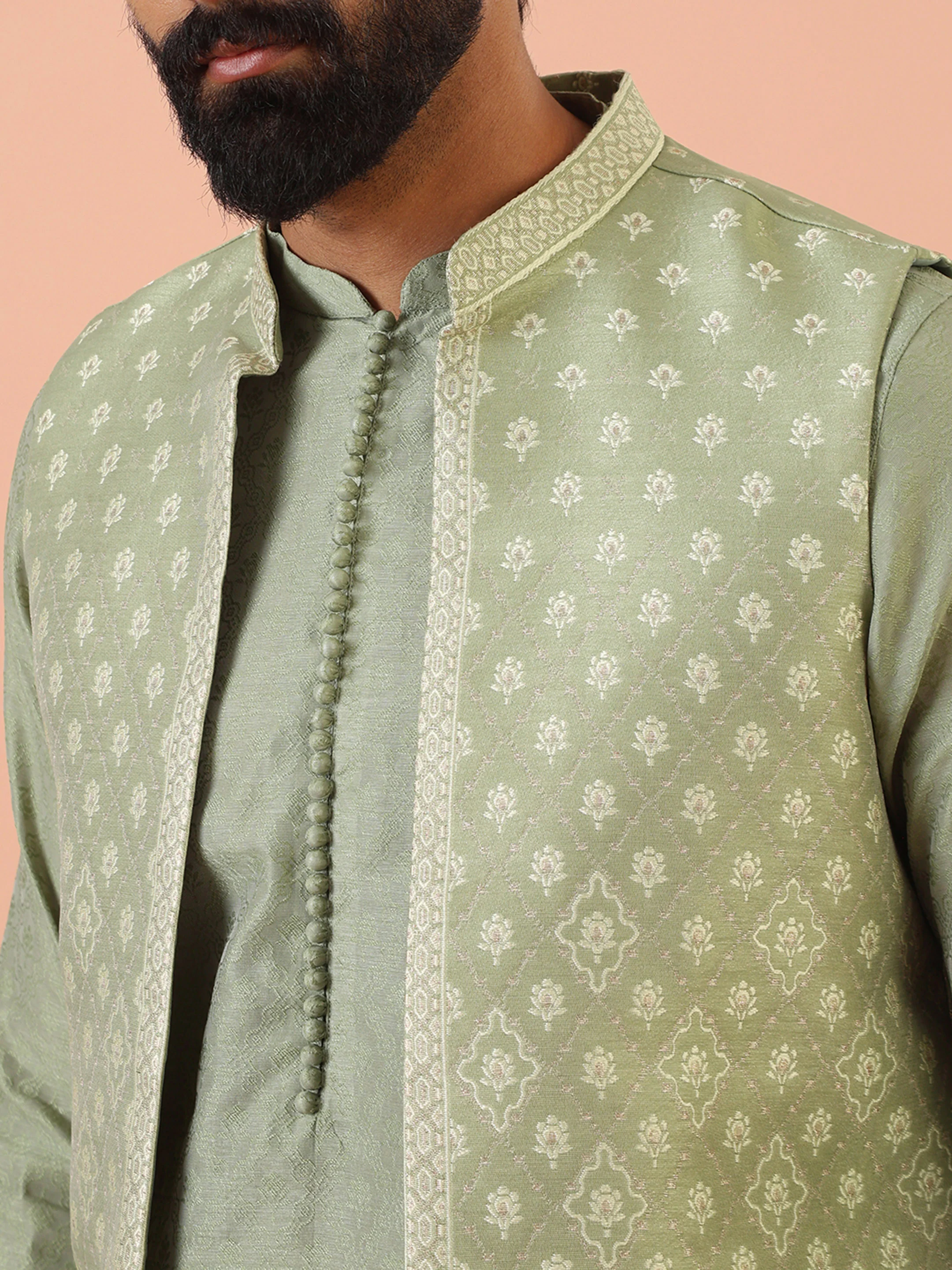 Sage Green Silk Blend Front Open Textured Jacket Set - Image 6