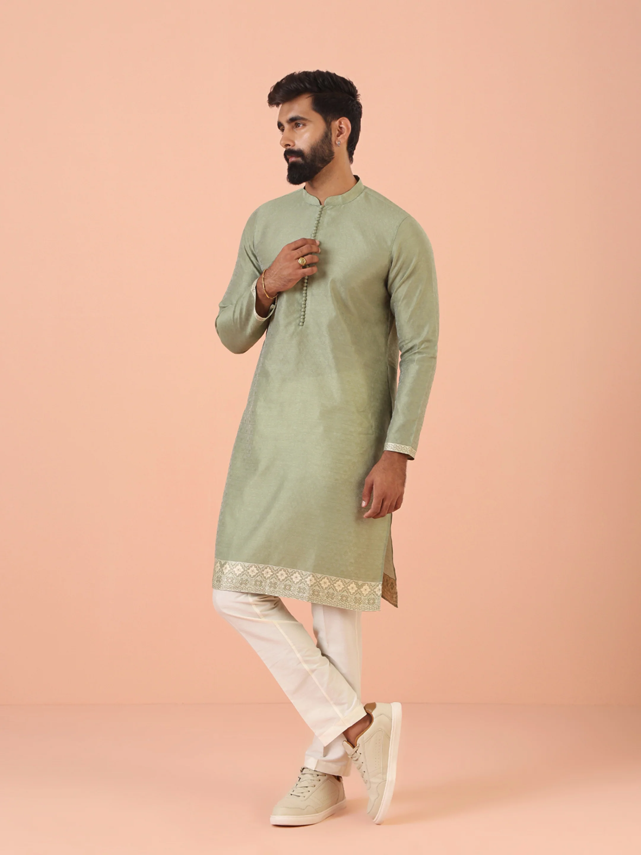 Sage Green Jacquard  Kurta with  Contrast Detailing - Image 2