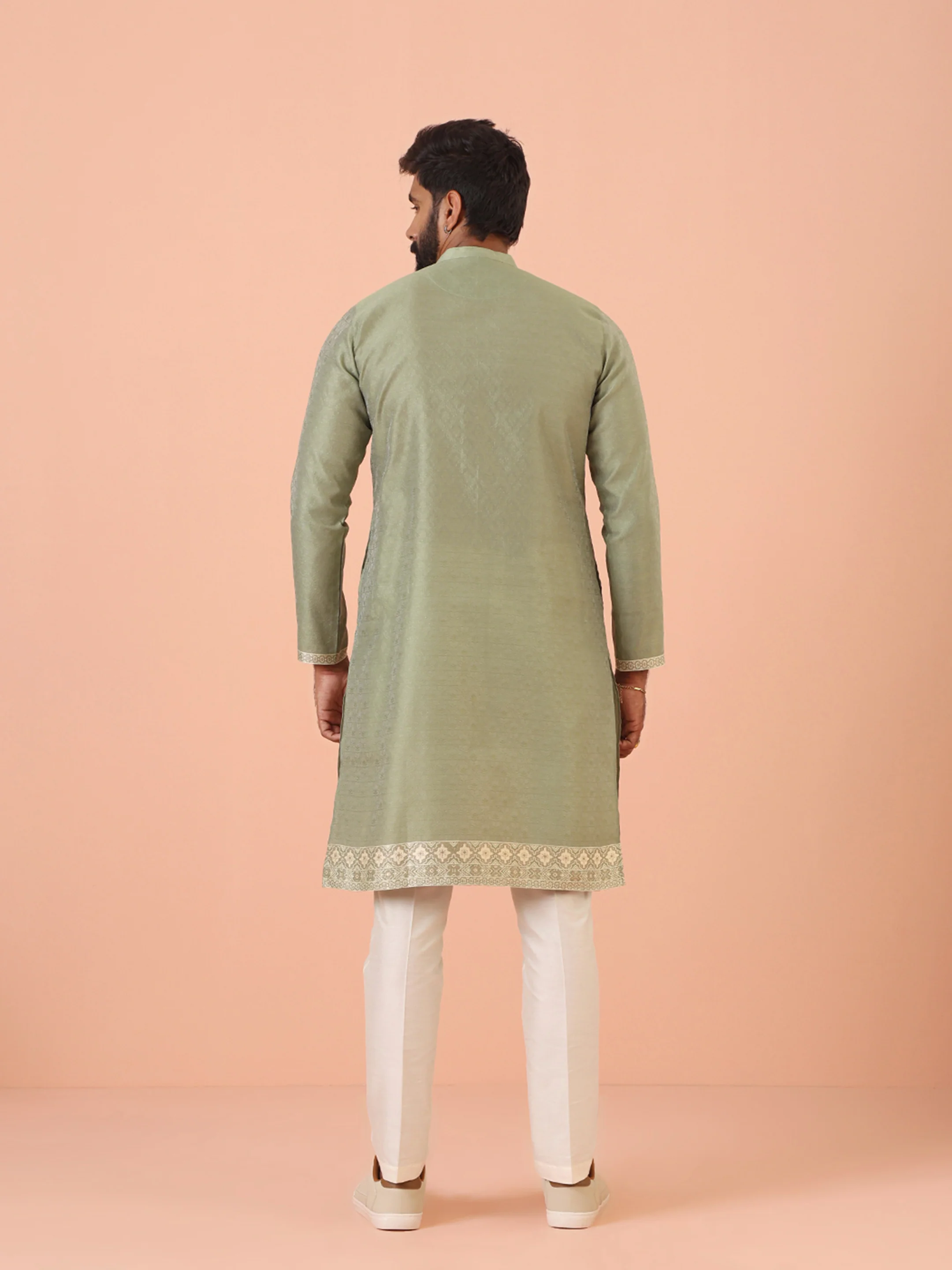 Sage Green Jacquard  Kurta with  Contrast Detailing - Image 3