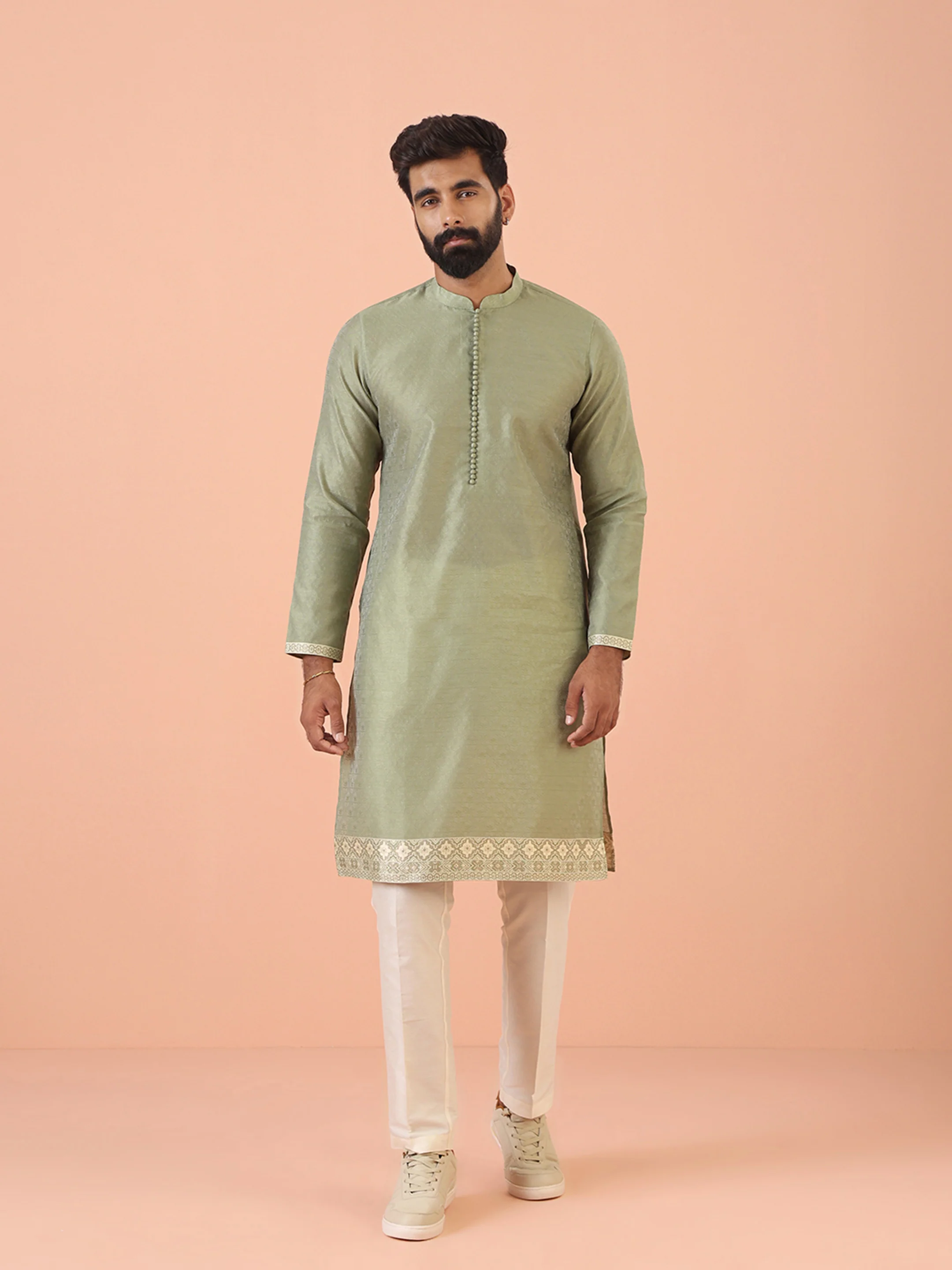 Sage Green Jacquard  Kurta with  Contrast Detailing - Image 5