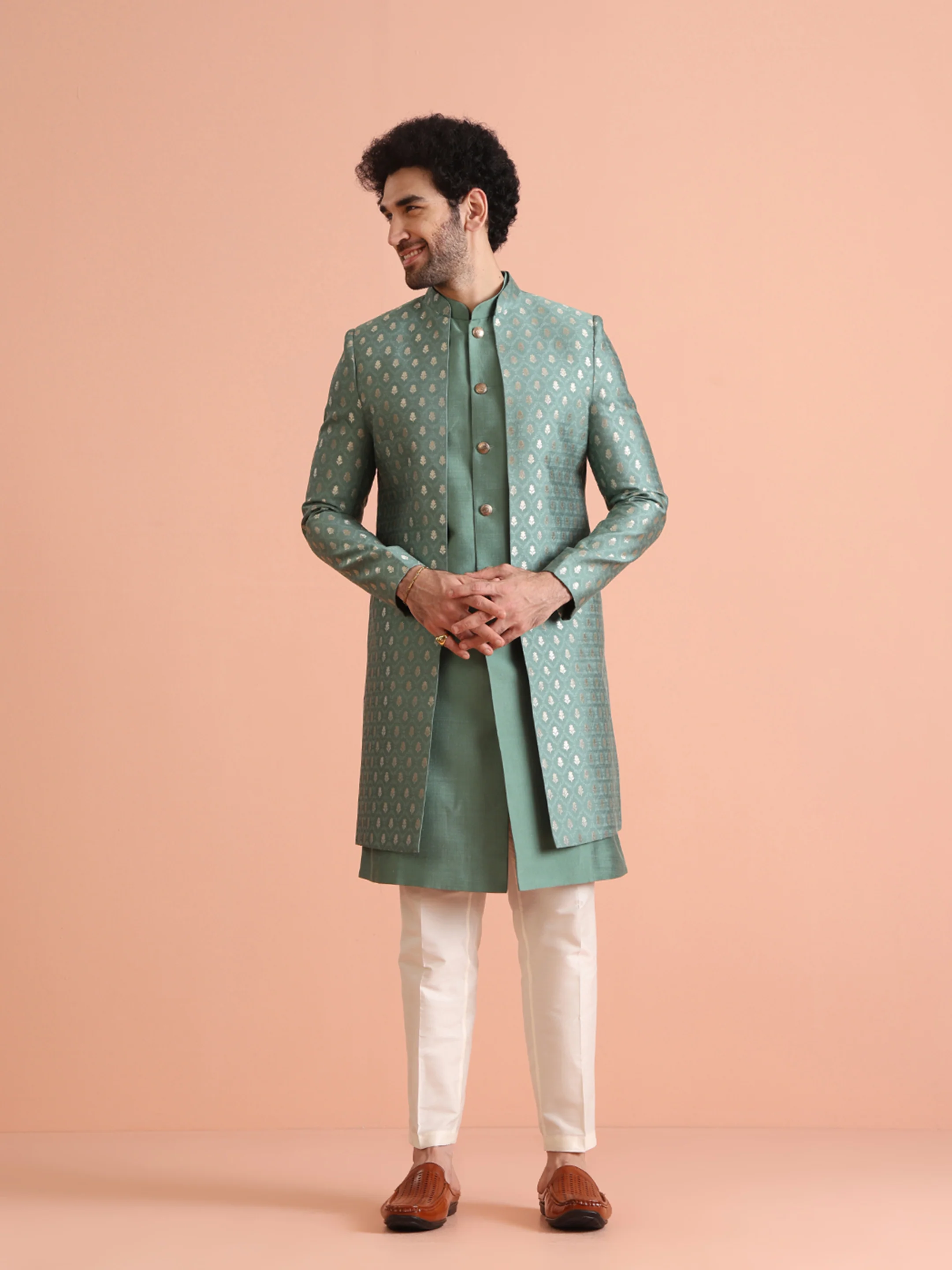 Mint Green Silk Blend Textured Sherwani Trouser Set