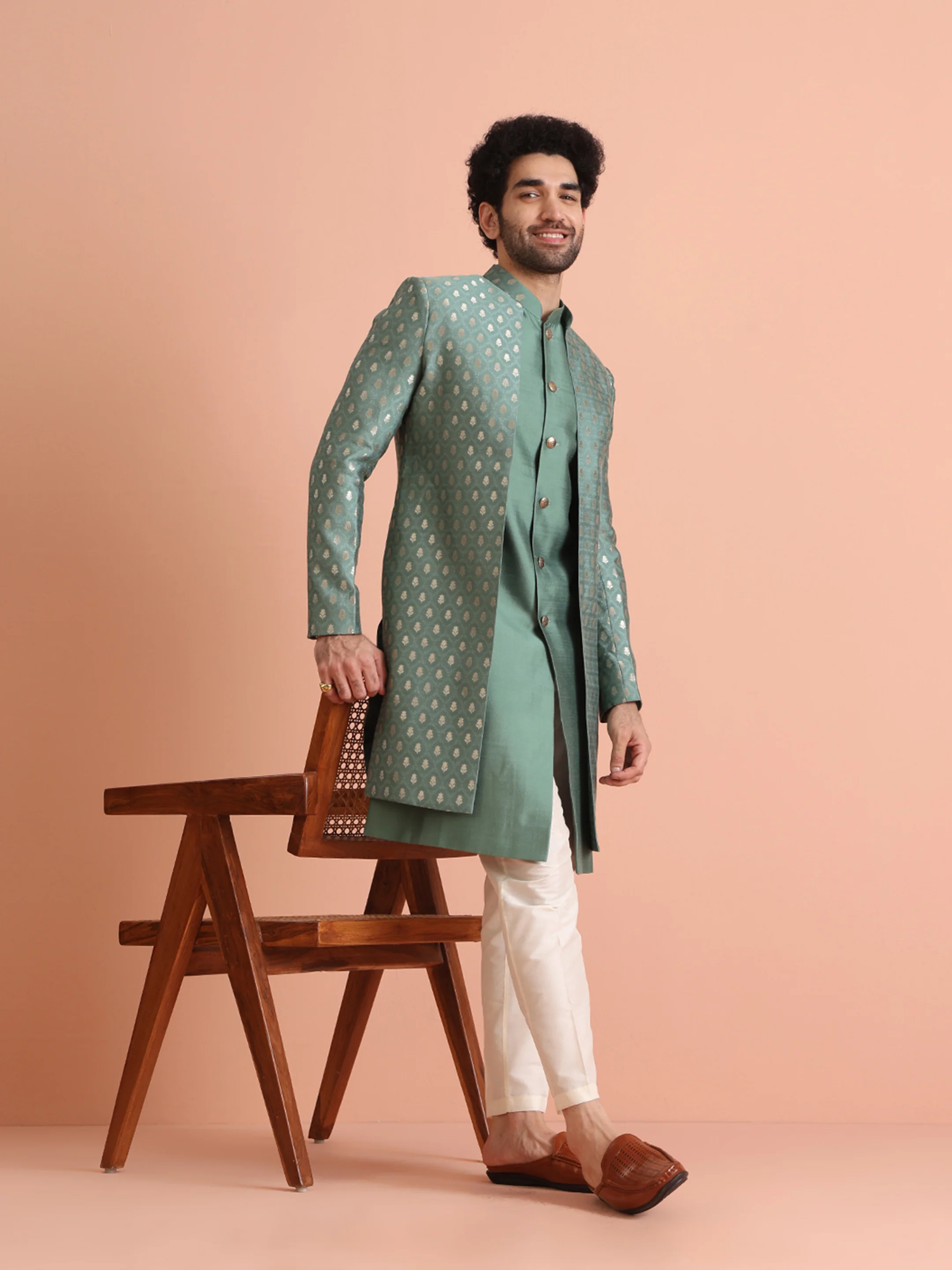 Mint Green Silk Blend Textured Sherwani Trouser Set - Image 6