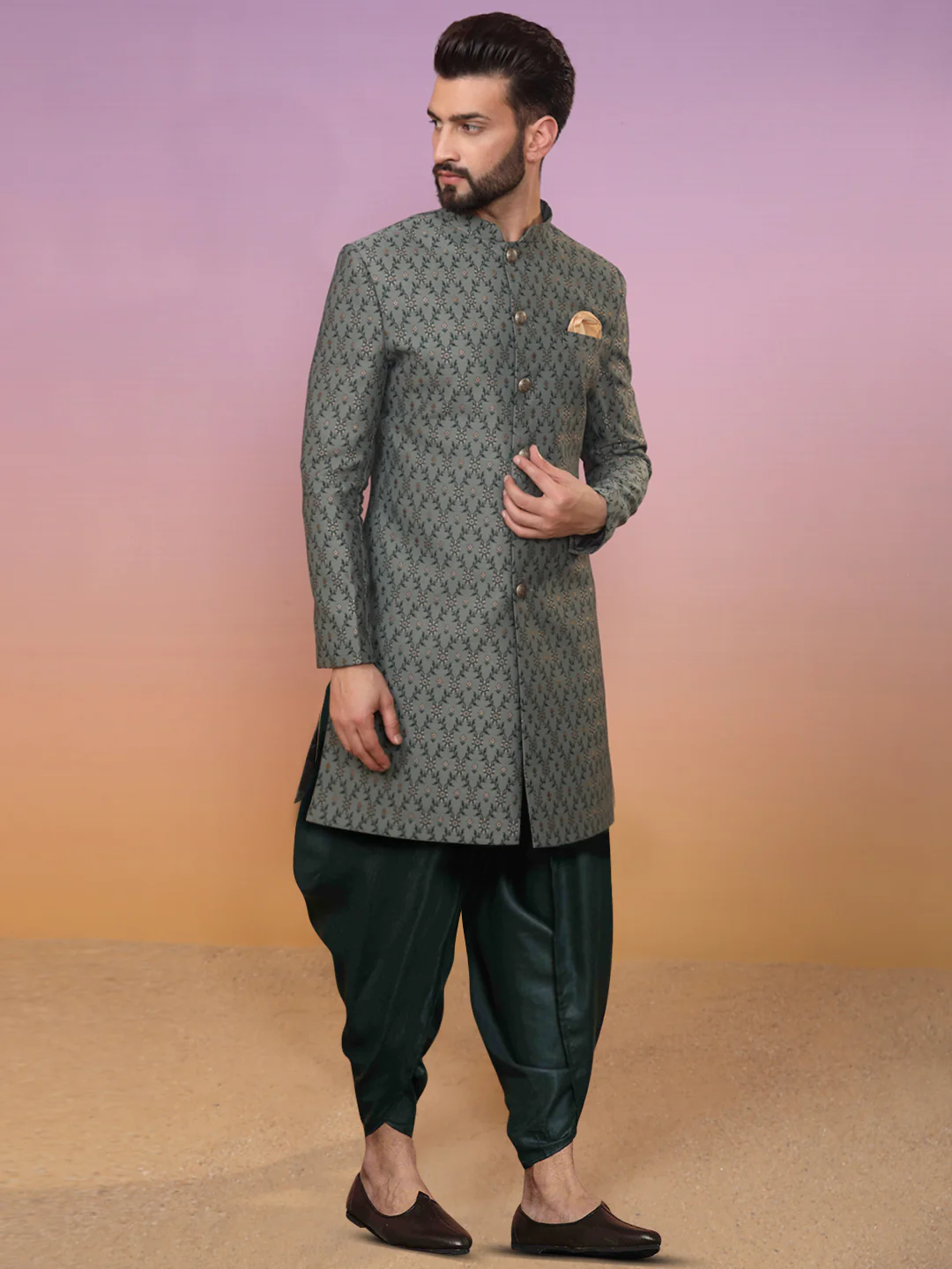 Men Grey Indowestern Dhoti Set - Image 2