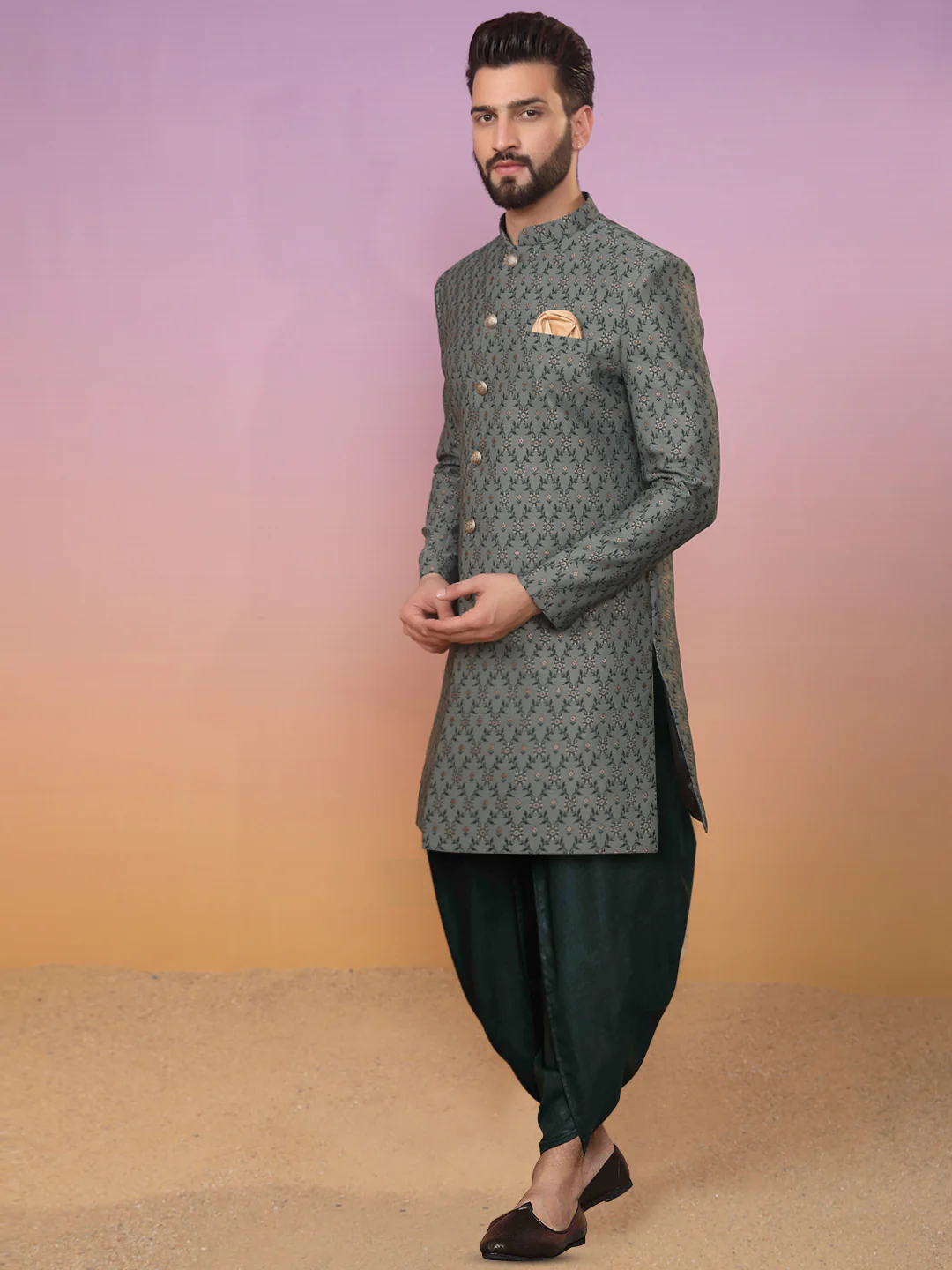 Men Grey Indowestern Dhoti Set - Image 3