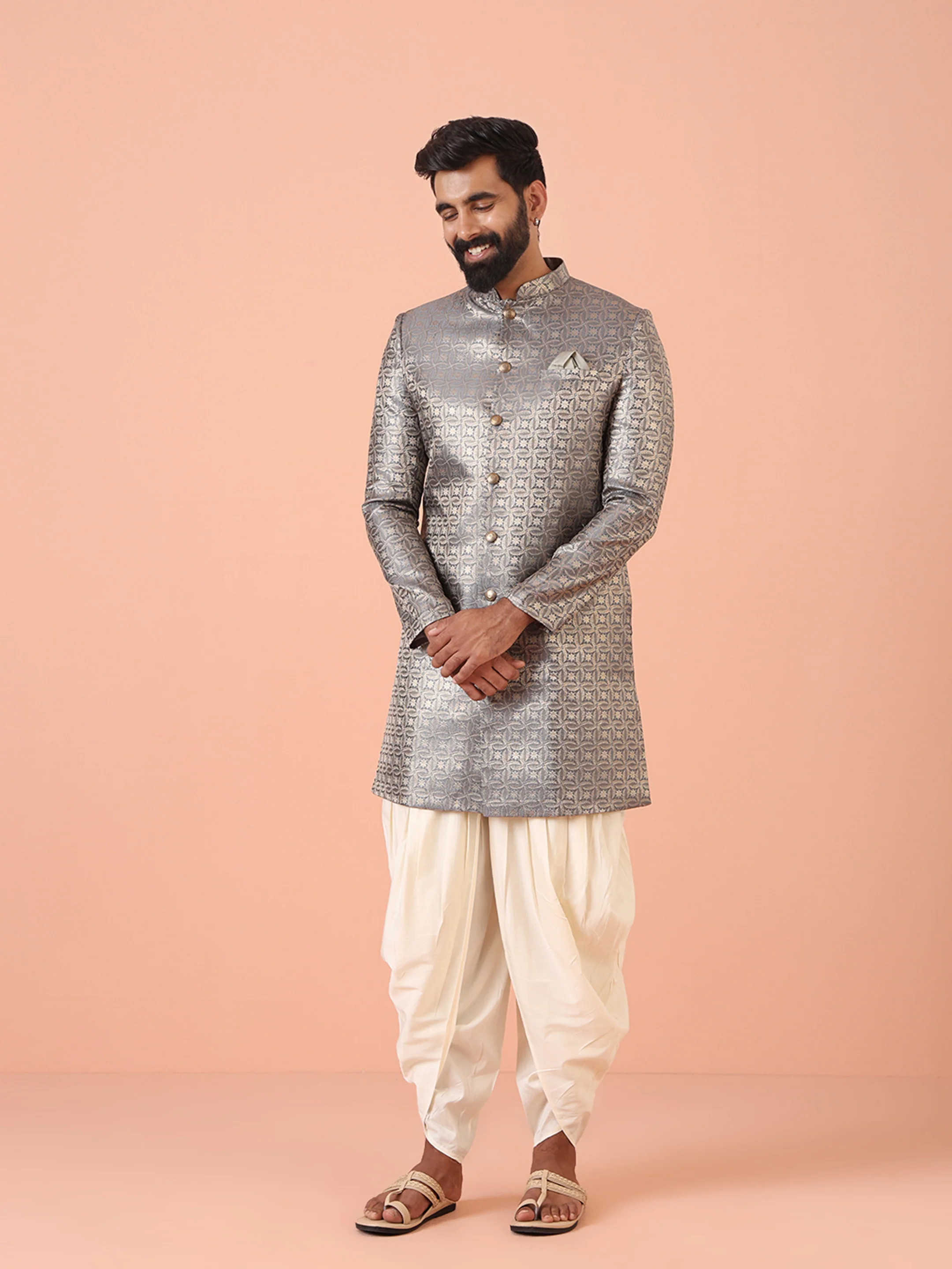 Men Grey Jacquard Indowestern Dhoti Set