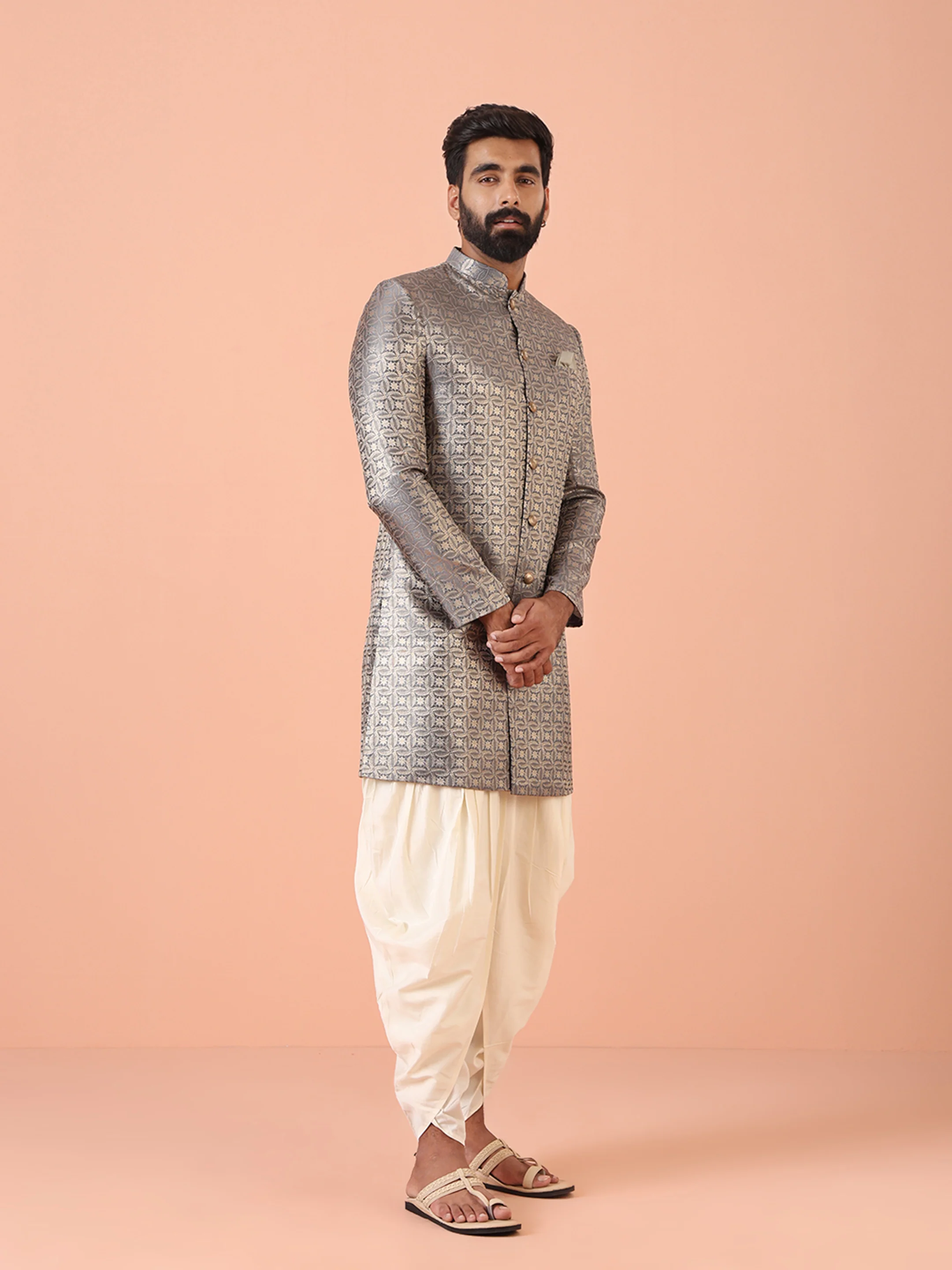 Men Grey Jacquard Indowestern Dhoti Set - Image 2