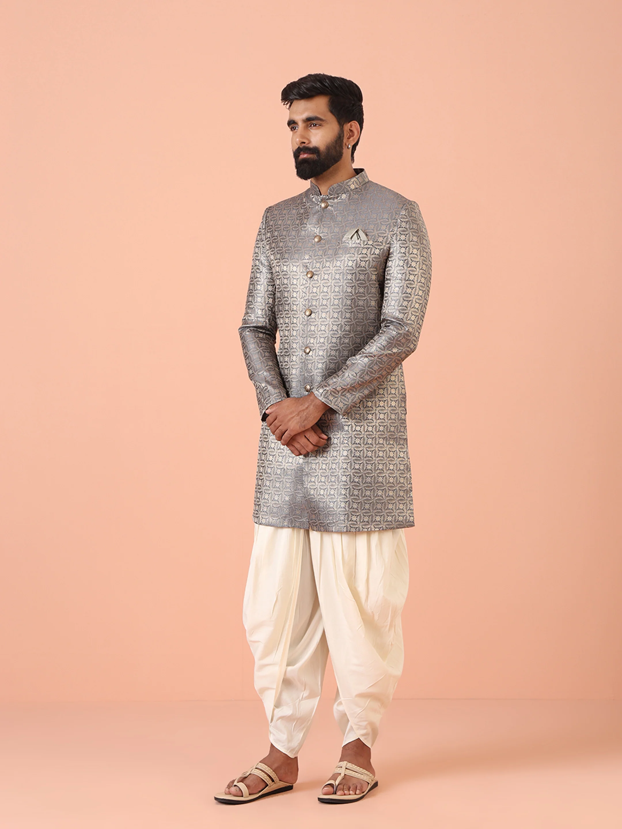 Men Grey Jacquard Indowestern Dhoti Set - Image 3