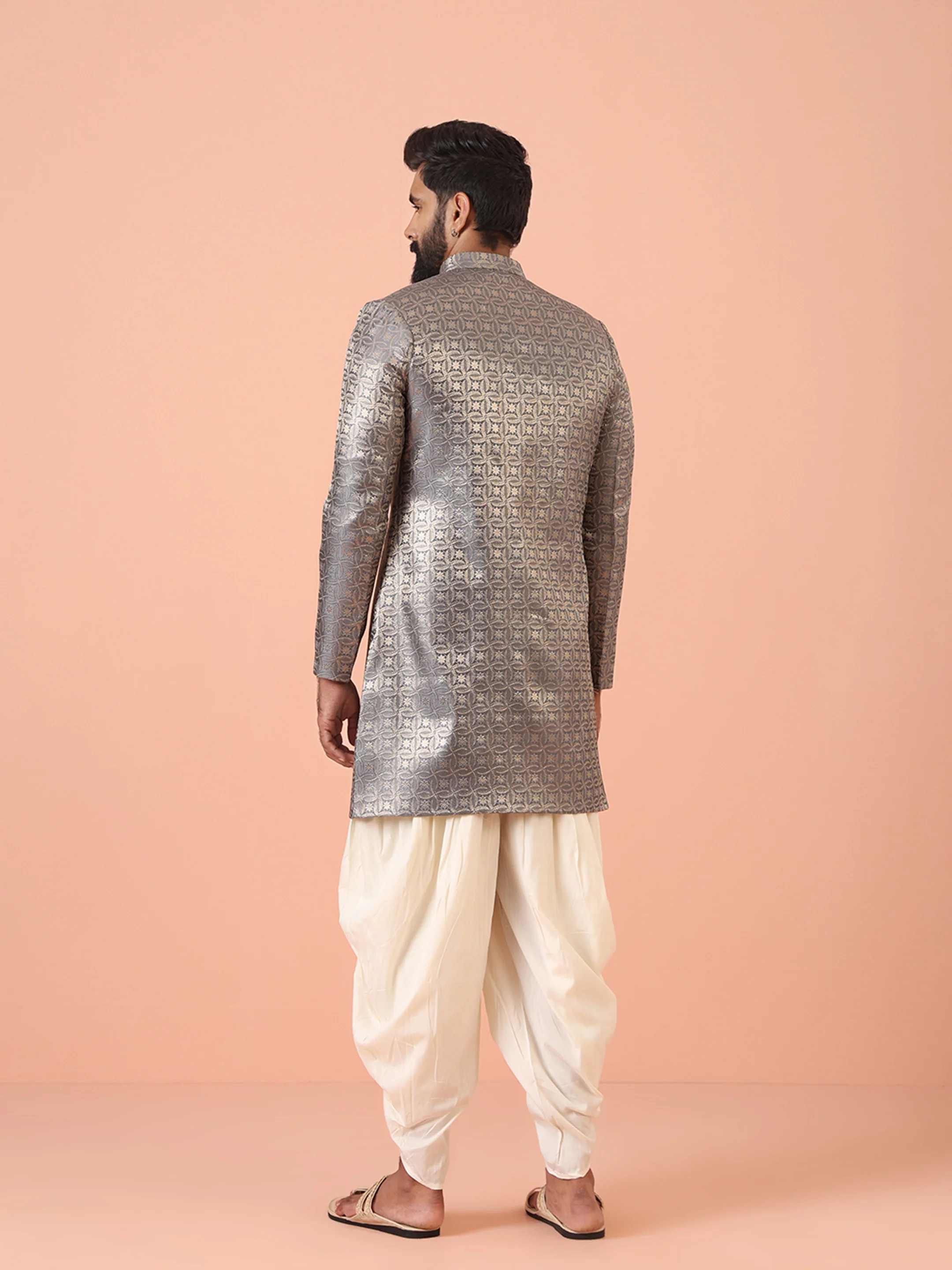 Men Grey Jacquard Indowestern Dhoti Set - Image 4