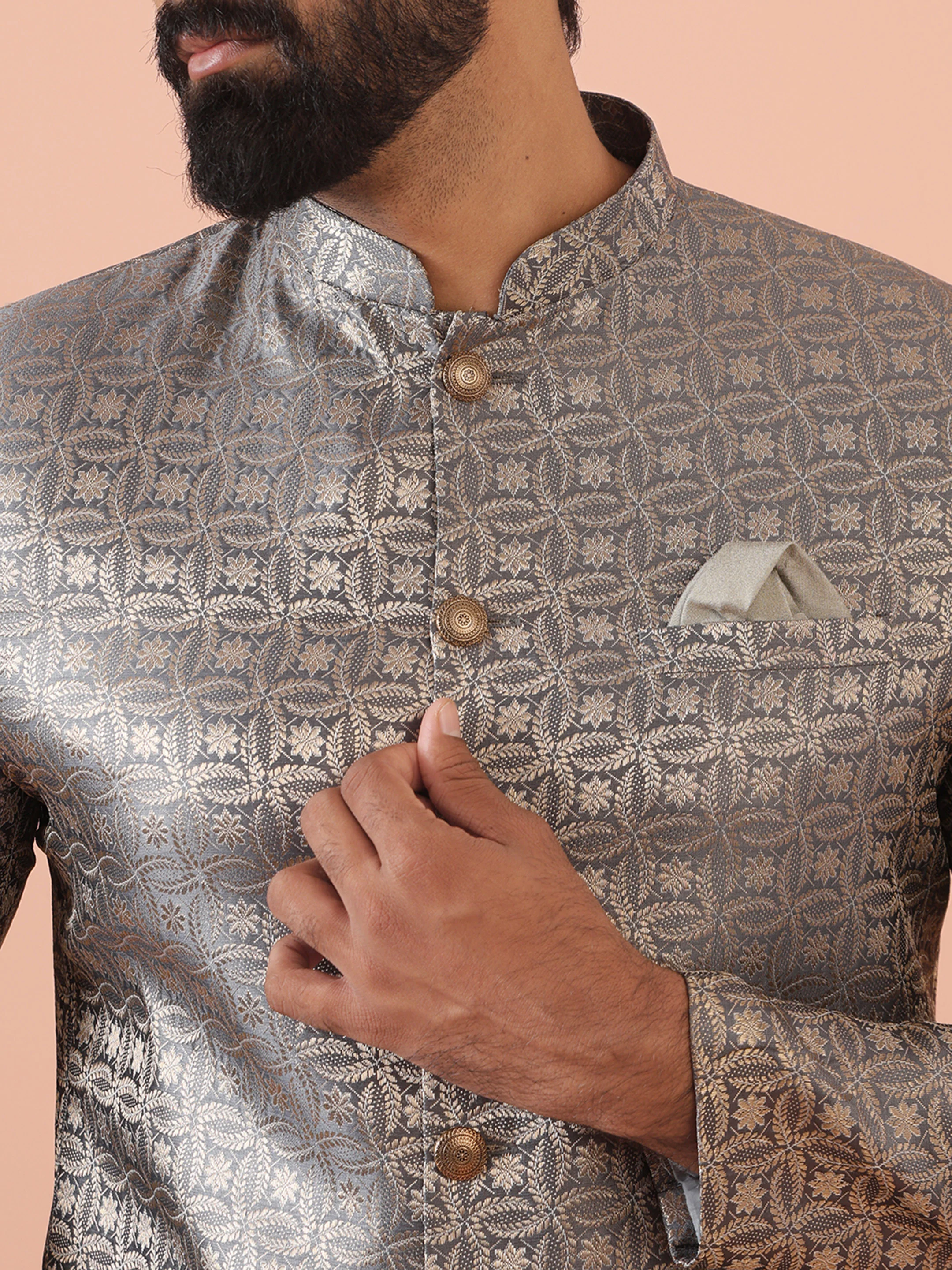 Men Grey Jacquard Indowestern Dhoti Set - Image 5
