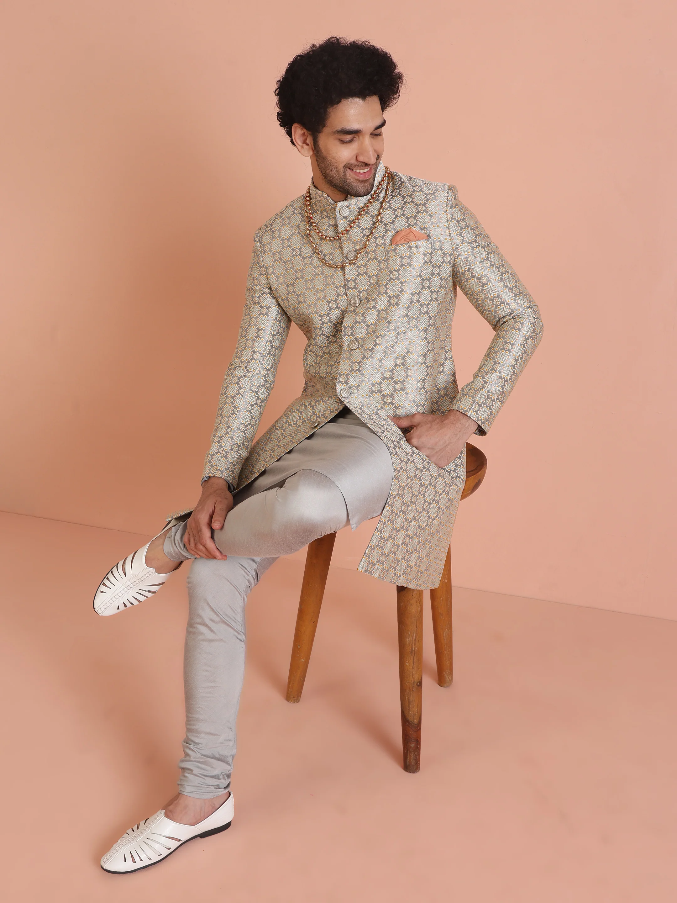 Beige Art Silk Embroidered Sherwani Achkan Set