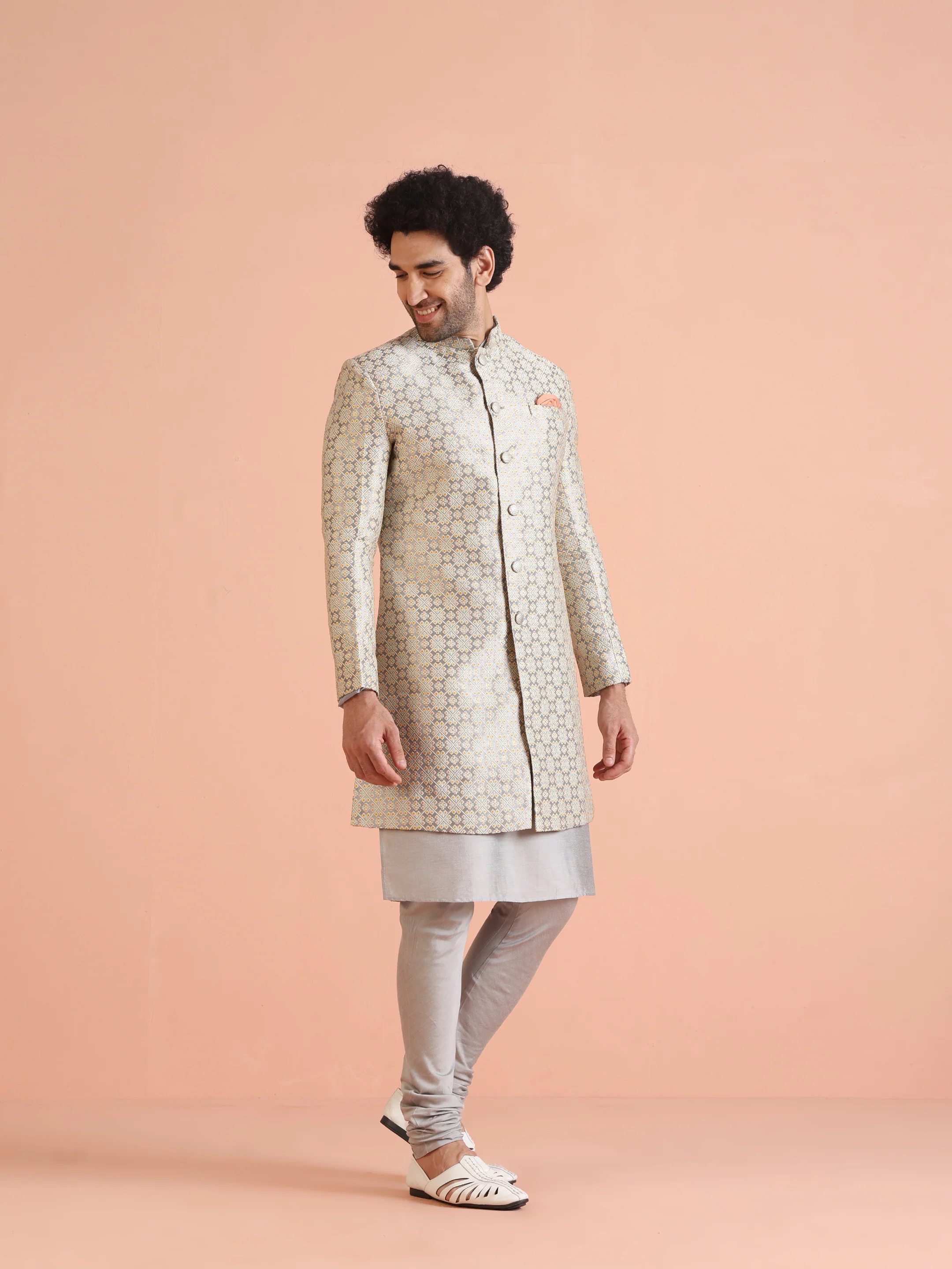 Beige Art Silk Embroidered Sherwani Achkan Set - Image 3