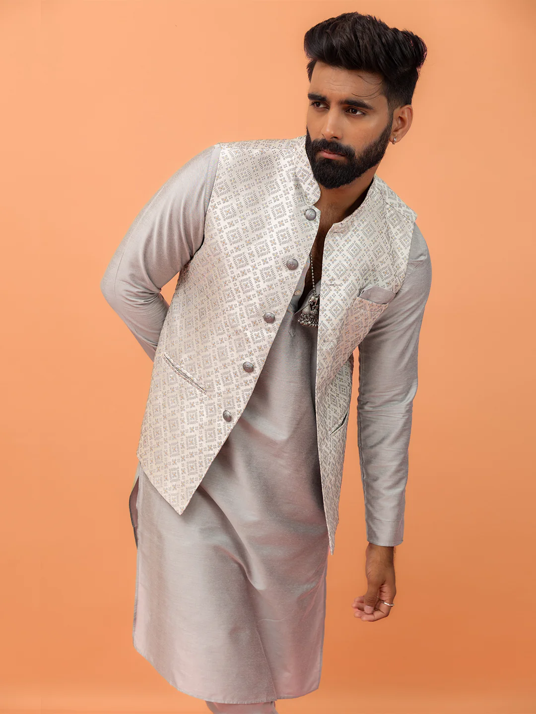 Grey Jacquard Jacket Kurta Churidar Set