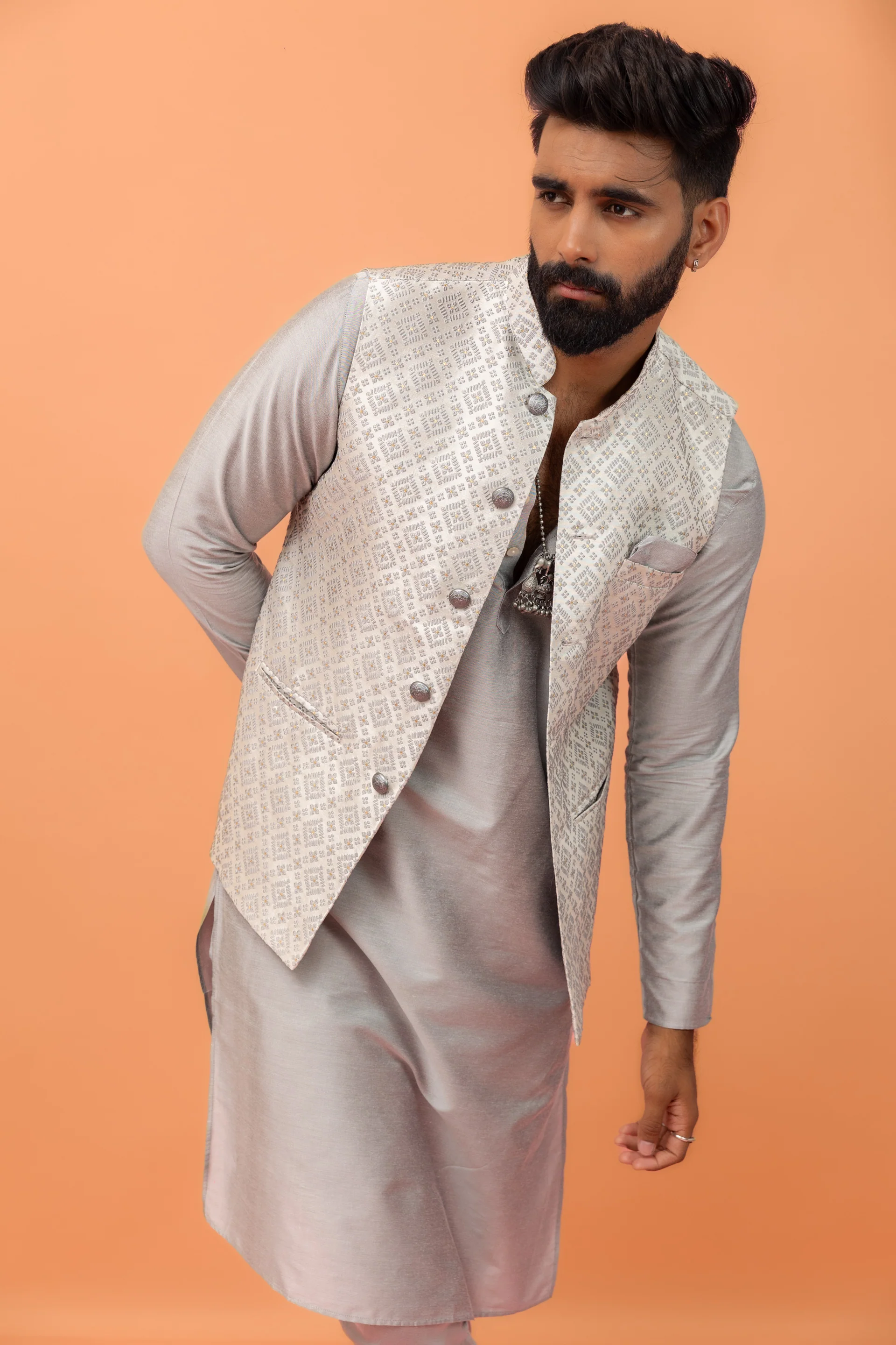 Grey Jacquard Jacket Kurta Churidar Set - Image 2