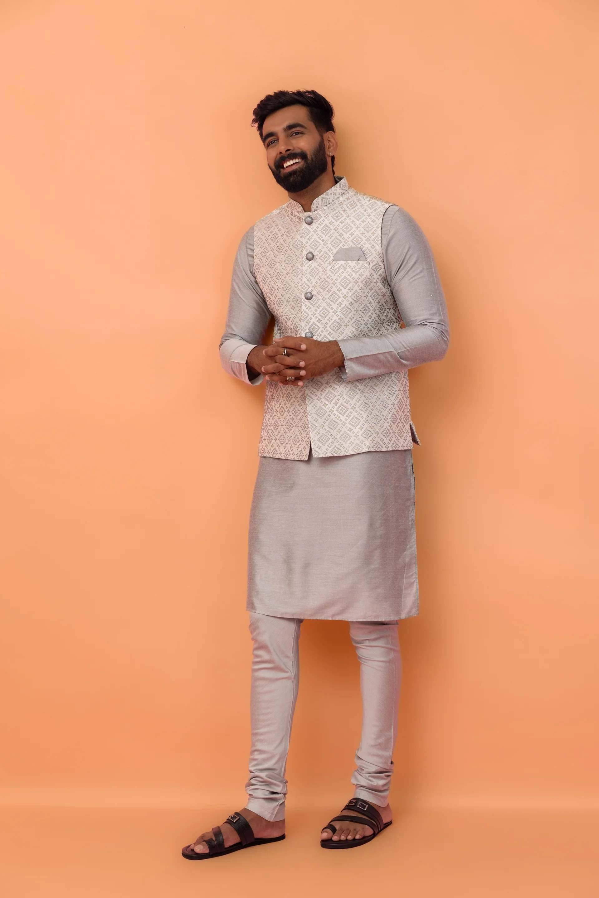 Grey Jacquard Jacket Kurta Churidar Set - Image 3