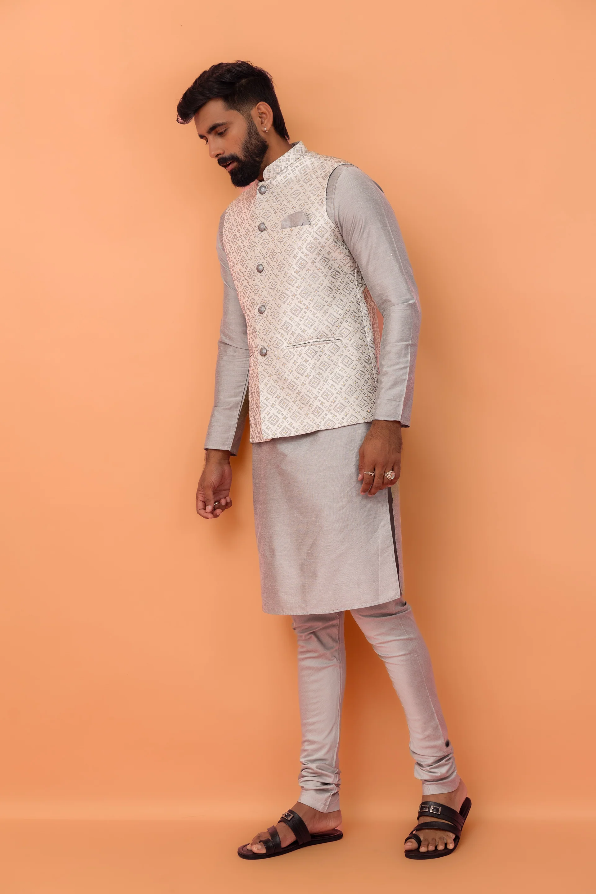 Grey Jacquard Jacket Kurta Churidar Set - Image 4