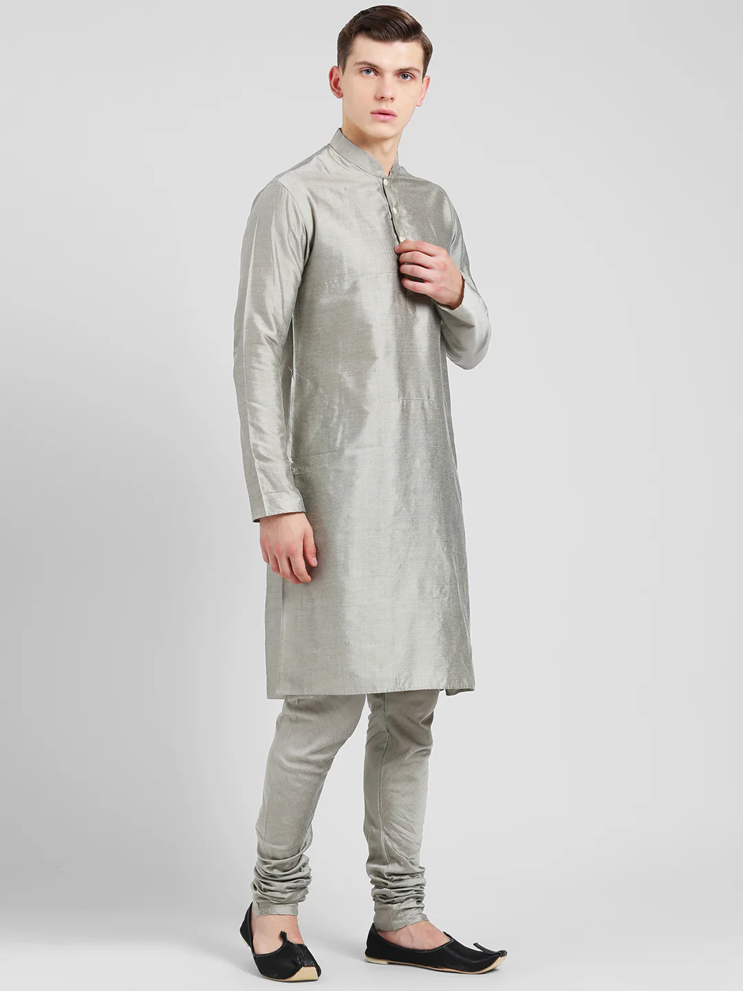 Men Grey Kurta Churidar Set - Image 3