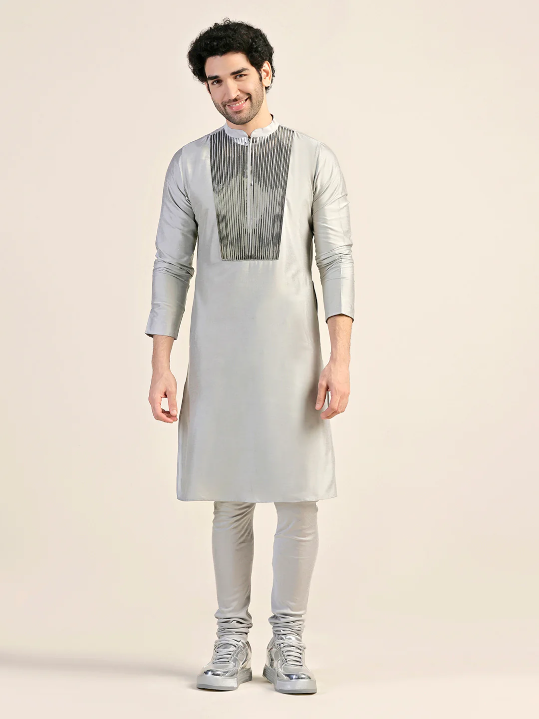 Men Grey Kurta Churidar Set