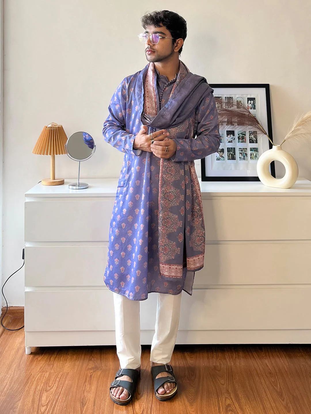 Grey Silk Printed Kurta Churidar with Dupatta - Image 10