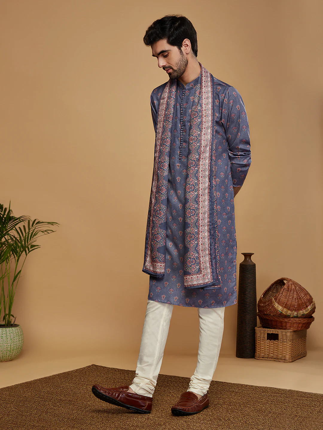 Grey Silk Printed Kurta Churidar with Dupatta - Image 3