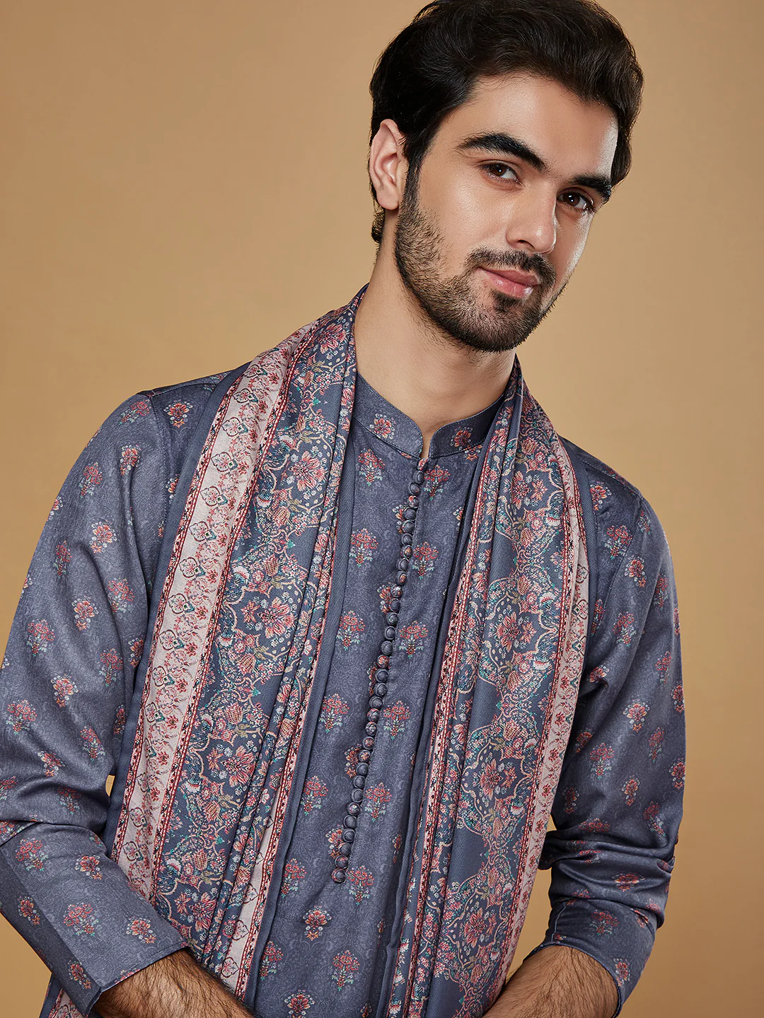 Grey Silk Printed Kurta Churidar with Dupatta - Image 5
