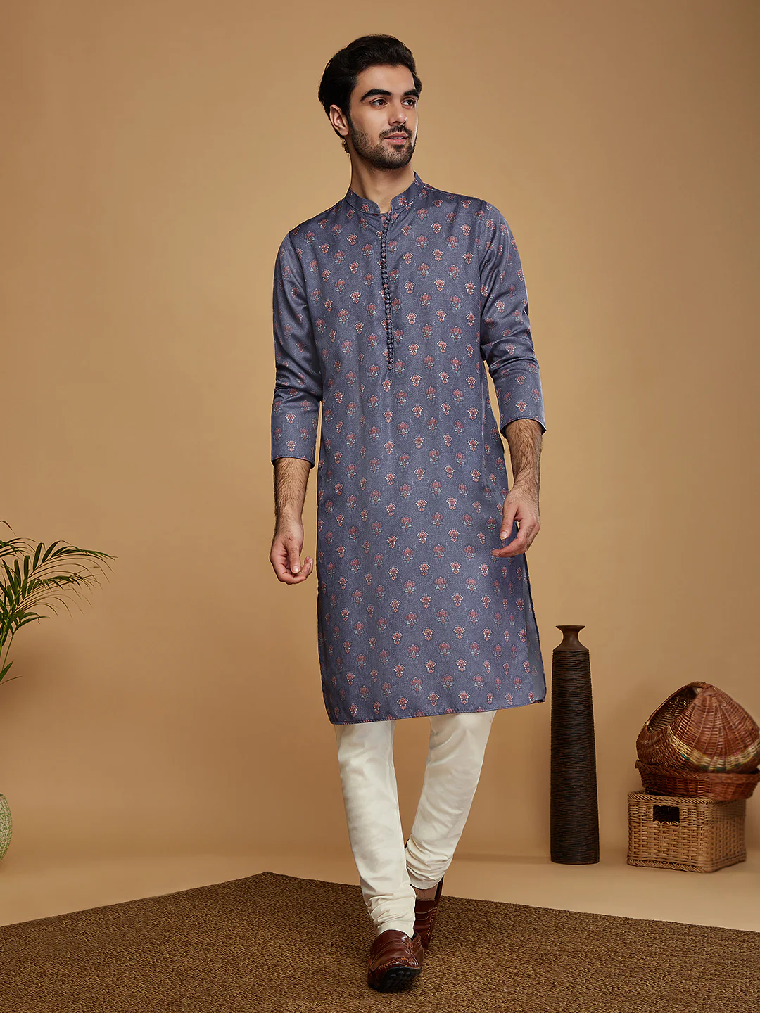 Grey Silk Printed Kurta Churidar with Dupatta - Image 6