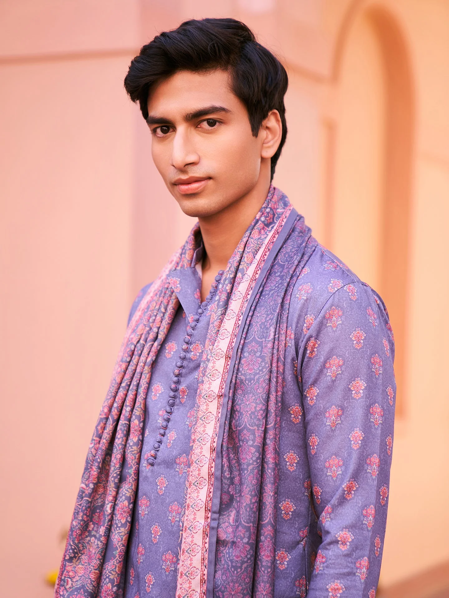 Grey Silk Printed Kurta Churidar with Dupatta - Image 9