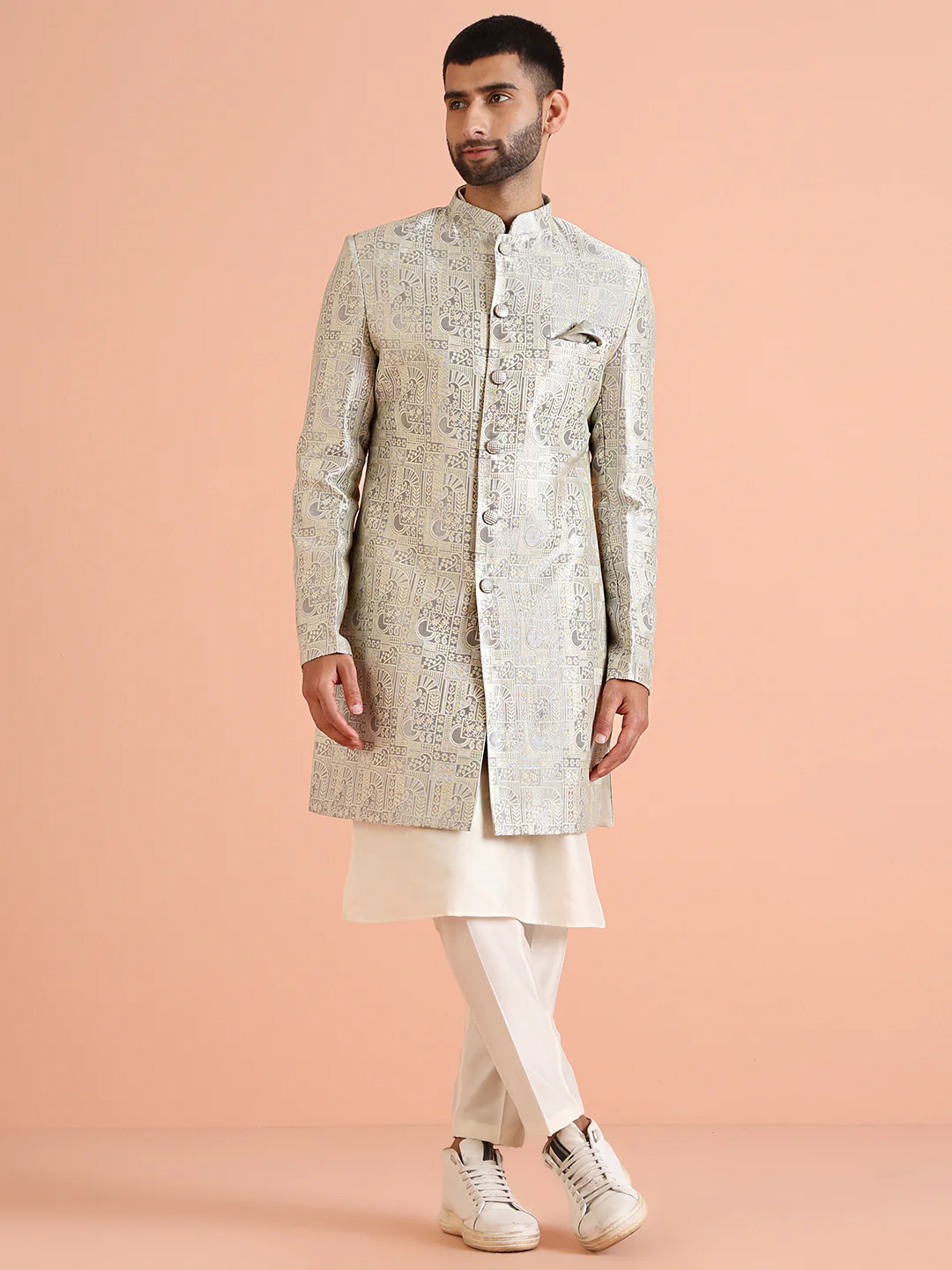 Men Grey Kurta Indowestern Trouser Set